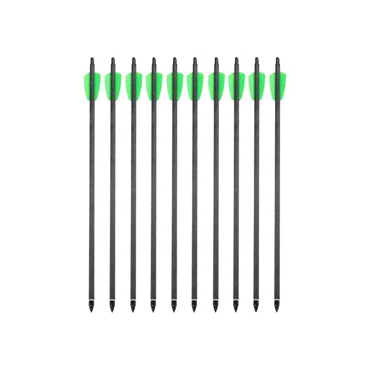 EK Archery Whipshot 15" Carbon Arrows (x10) 1 Ten Ek Archery Whipshot Carbon Arrows, with green fletching and pointed tips, from the Pack of 10 are arranged vertically in a row on a white background.