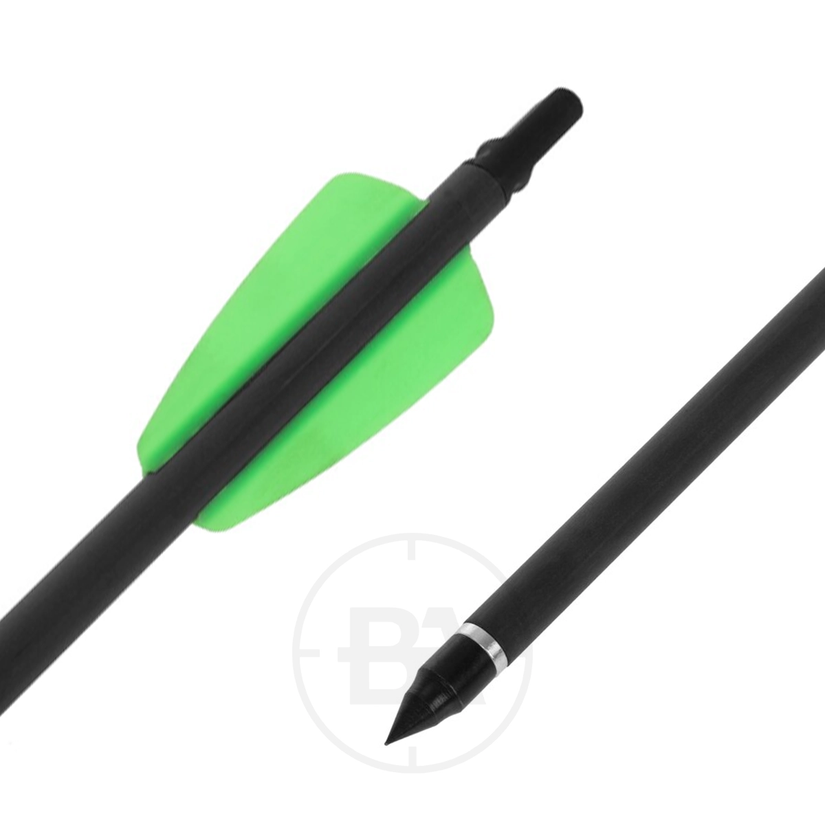 EK Archery Whipshot 15" Carbon Arrows (x10) 3 Close-up of Ek Archery Whipshot Carbon Arrows, black with green fletching and pointed tips, displayed on a white background. Sold as a convenient pack of 10.