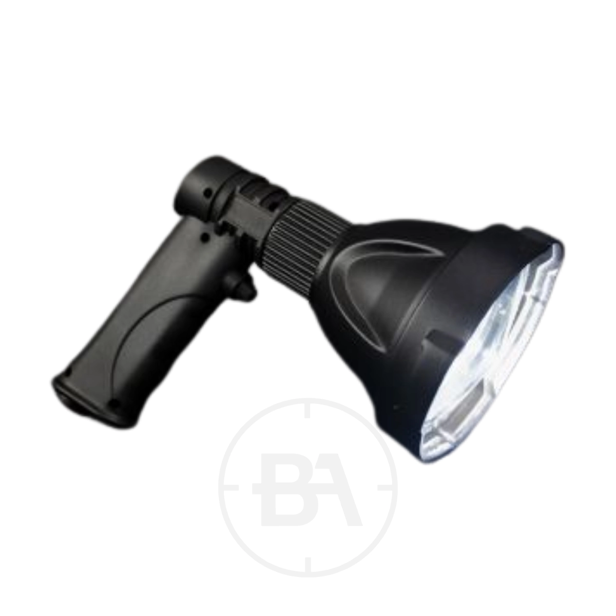 Richter Optik Trigger Lamp 1 The Richter Optik Trigger Lamp is a black handheld torch featuring a pistol-grip handle, wide reflector head, and bright beam, shown on a white background.