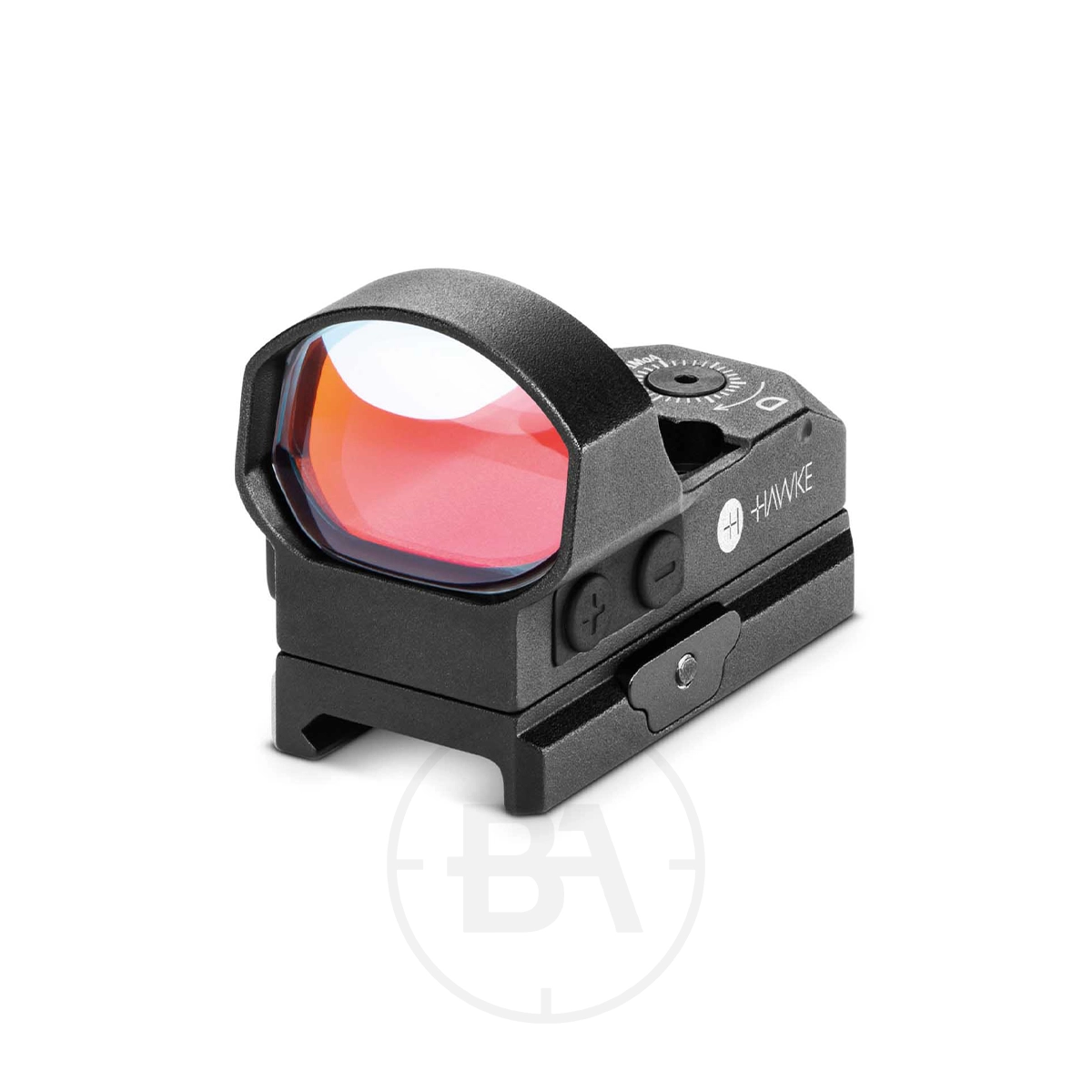 Hawke 'Wide View' Reflex Sight With Picatinny / Weaver Mounts 1 The Hawke 'Wide View' Reflex Sight is a compact black optic with adjustment dials, buttons, and a curved tinted lens, featuring side branding. It mounts securely on Picatinny/Weaver rails for versatile firearm compatibility.