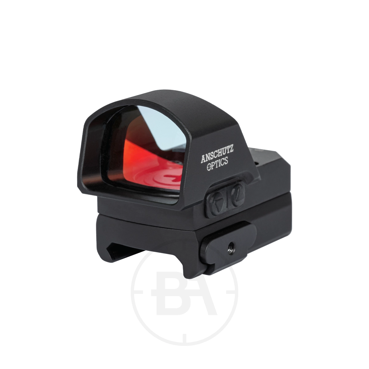 Anschütz Optics Reflex Pro Wide Red Dot Sight With Weaver Mount 1 The Anschütz Optics Reflex Pro Wide Red Dot Sight with Weaver Mount is a compact black optic featuring a red lens, displayed on a white background.
