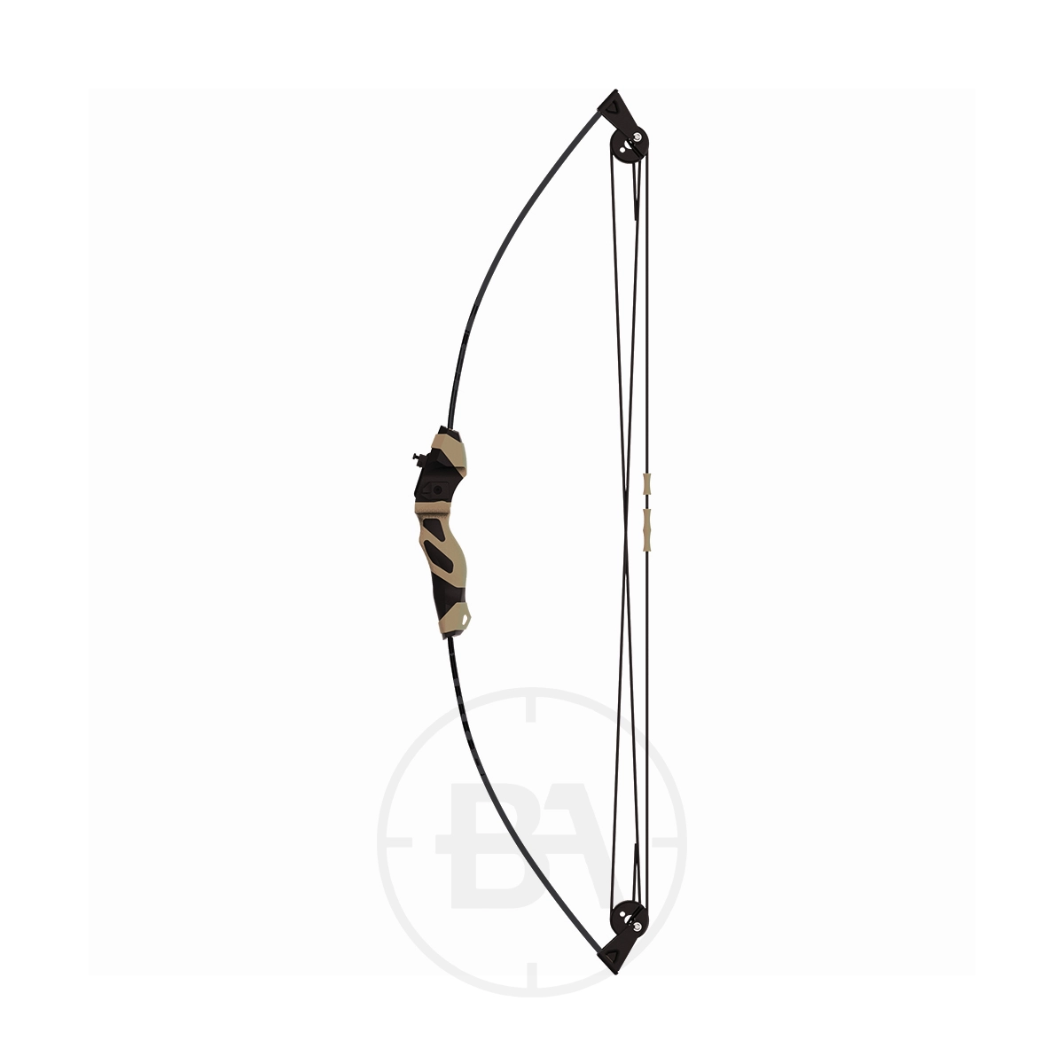 Barnett Wildhawk Youth Compound Bow Kit 1 The Barnett Wildhawk Youth Compound Bow Kit is displayed against a plain white background, featuring a black and tan handle, black cables, and dual cams at each end.