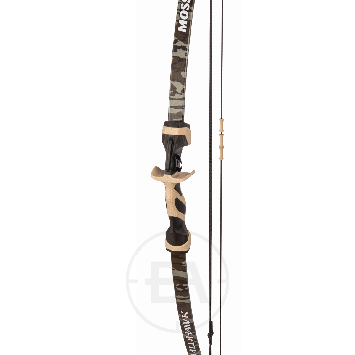 Barnett Wildhawk Youth Compound Bow Kit 3 A Barnett Wildhawk Youth Compound Bow Kit featuring a camouflage pattern, contoured grip, and black string is displayed vertically against a white background.