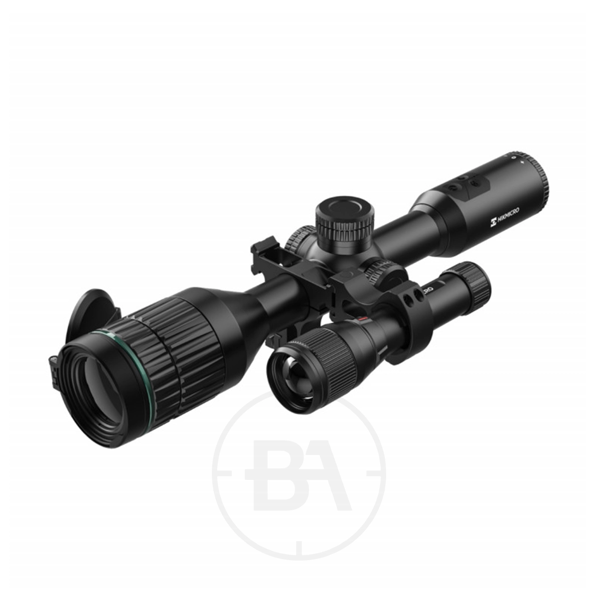 HIKMICRO Alpex A50T / A50T-S Day & Night Vision Rifle Scope Series 3 A black Day & Night Vision Rifle Scope with adjustment dials and lens caps, featuring an additional smaller scope mounted on top.