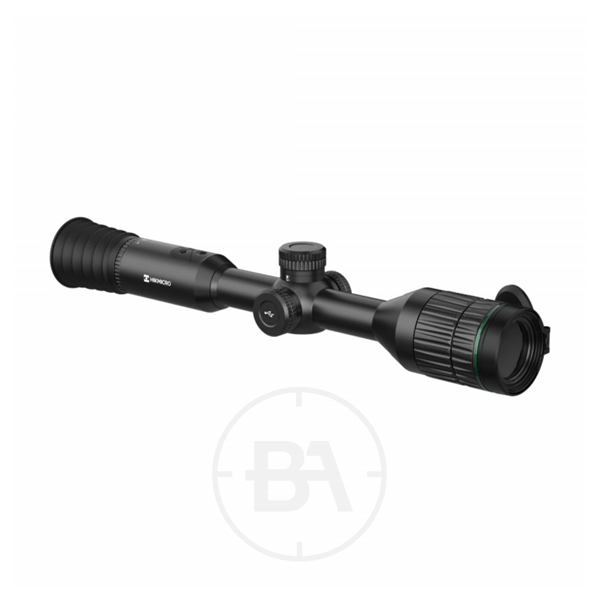HIKMICRO Alpex A50T / A50T-S Day & Night Vision Rifle Scope Series 1 Black HIKMICRO Alpex rifle scope with adjustment knobs, textured grips on both ends, and a matte finish. Features Day & Night Vision capability, displayed on a white background.