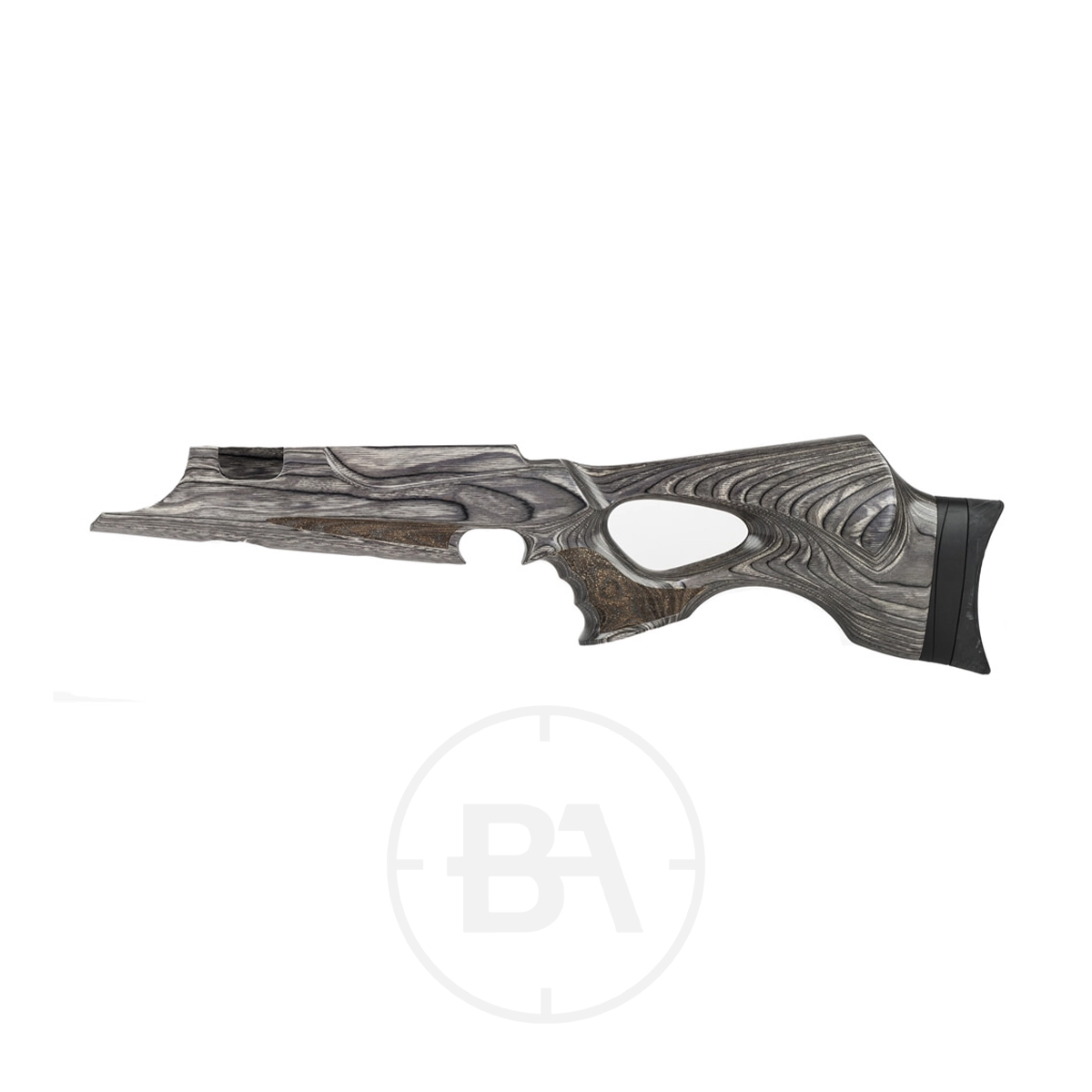 Daystate Wolverine R Grey Laminate Thumbhole Stock 1 The Daystate Wolverine R Grey Laminate Stock features an ergonomic thumbhole grip, grey and black laminate wood with detailed grain, and a rubber recoil pad. Perfect fit for Wolverine R rifles, shown on a plain white background.