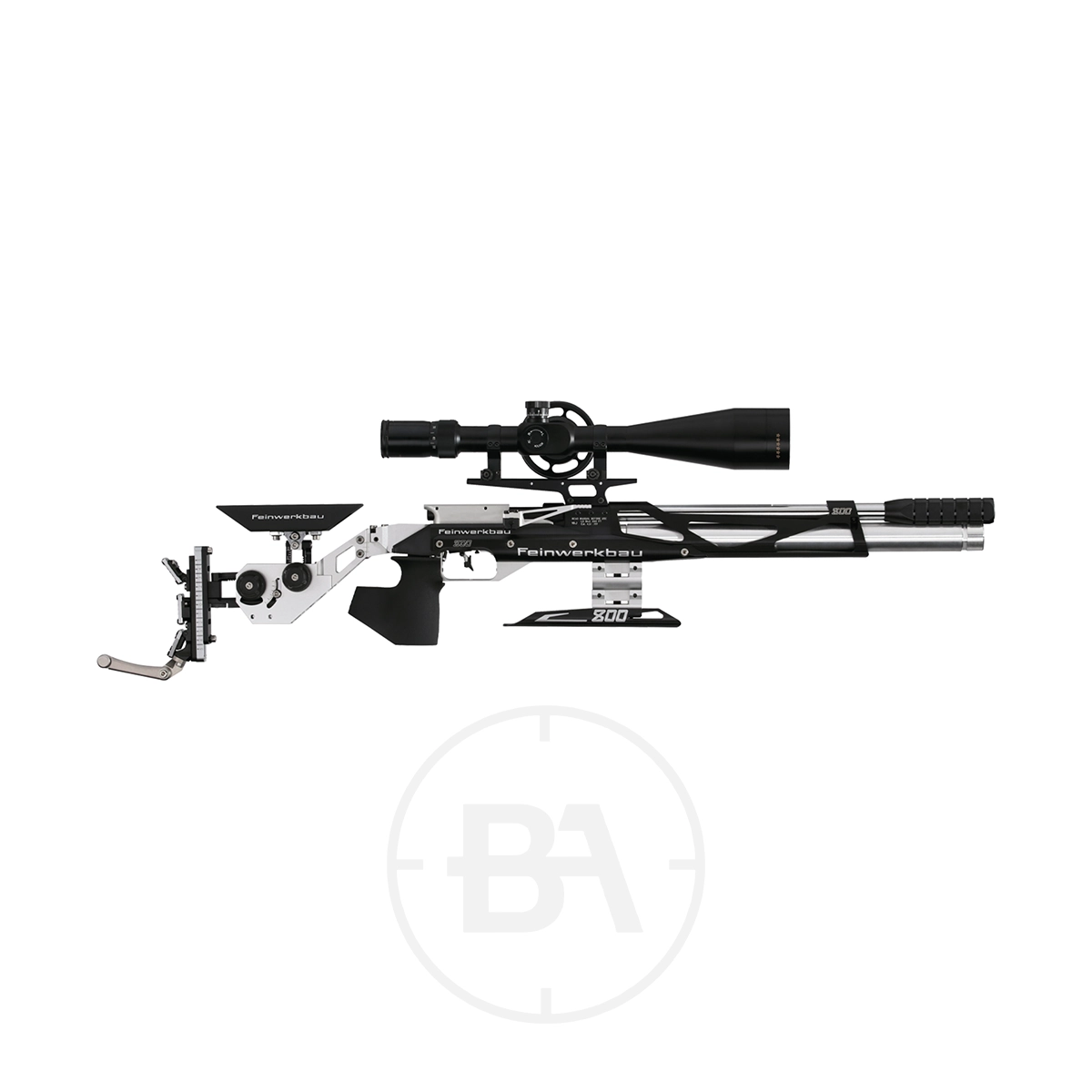 Feinwerkbau 800 X Field Target Rifle 1 Side view of the Feinwerkbau 800 X Field Target Rifle, featuring a mounted scope and adjustable stock, displayed on a plain white background.