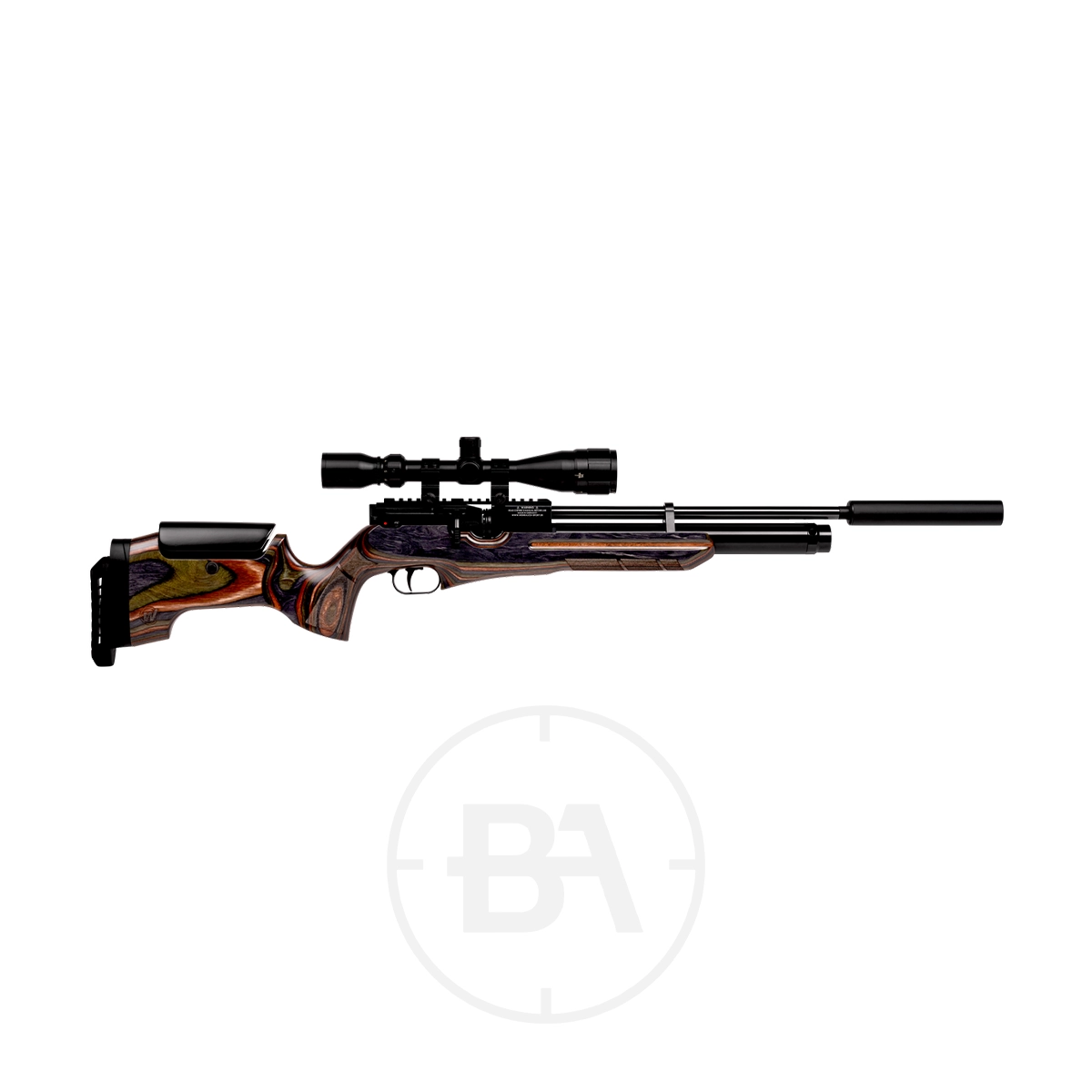 Weihrauch HW100X Regulated PCP Air Rifle Series 1 The Weihrauch HW100 X Regulated PCP Air Rifle Series features a high-precision air rifle with a multicoloured wooden stock, scope, and silencer attachment, shown on a white background with a faint circular logo behind it.