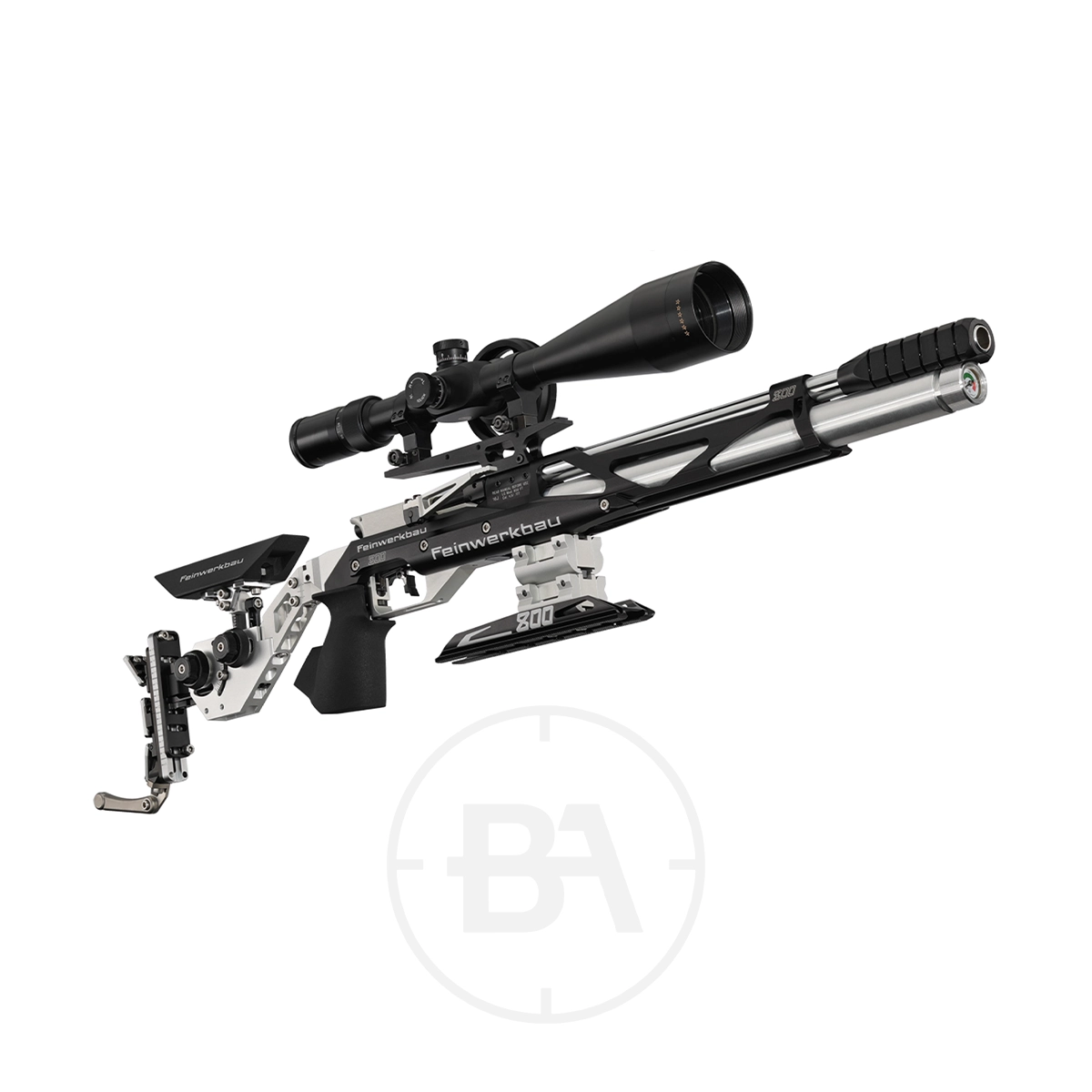 Feinwerkbau 800 X Field Target Rifle 3 The Feinwerkbau 800 X Field Target Rifle features a black and silver design, mounted scope, adjustable stock, and multiple metallic components, all showcased on a white background.