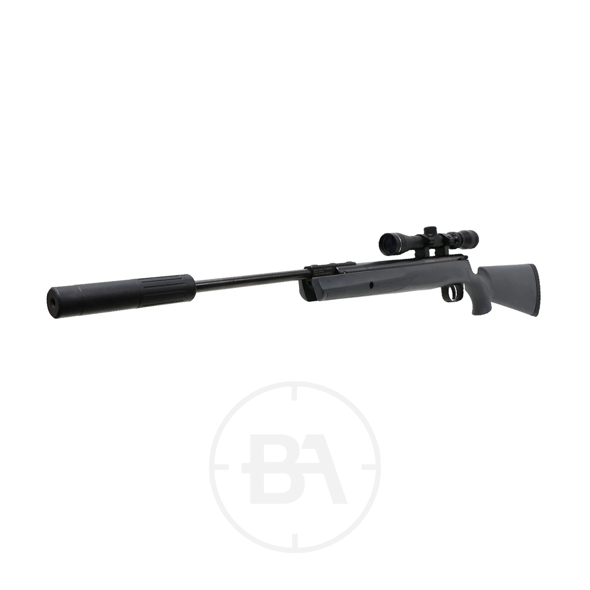 Remington Express Tactical XP Spring Air Rifle With Scope 7 A Remington Express Tactical XP Spring Air Rifle with scope, shown in black on a white background.