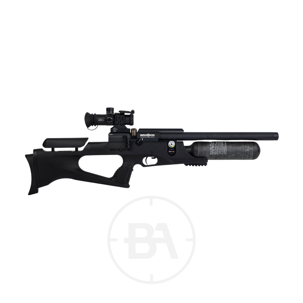 Brocock XR Regulated PCP Air Rifle 1 Brocock XR Regulated PCP Air Rifle, featuring a scope and large air tank, shown on a white background.