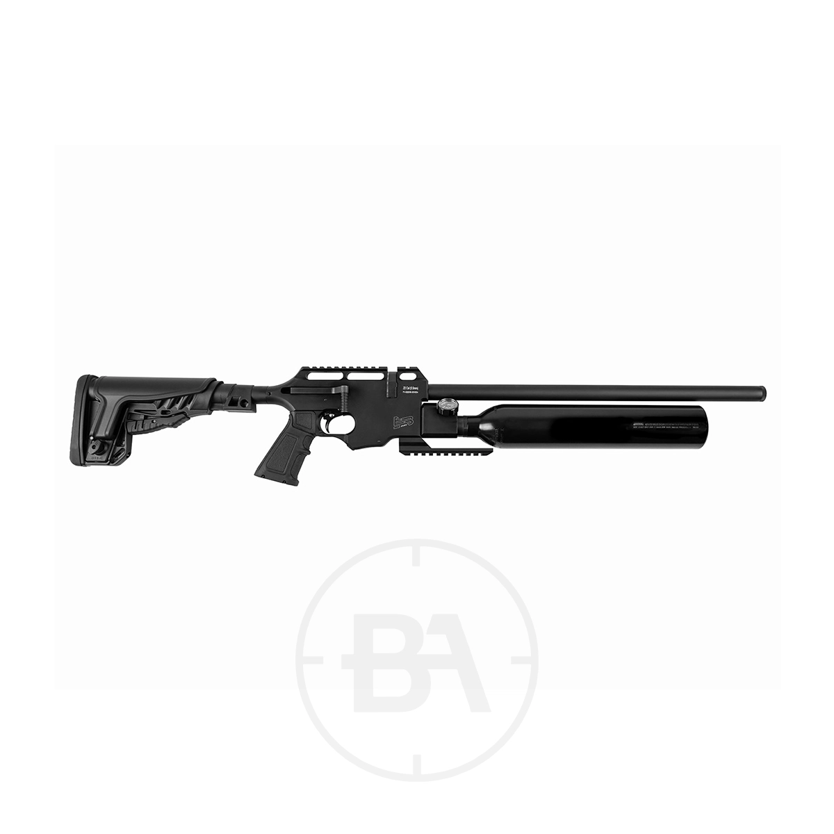 Edgar Brothers Arms XV2 PCP Air Rifle With Hard Case 1 The Edgar Brothers Arms XV2 PCP Air Rifle features a sleek black design with a long barrel and cylindrical tank below, set against a white background.