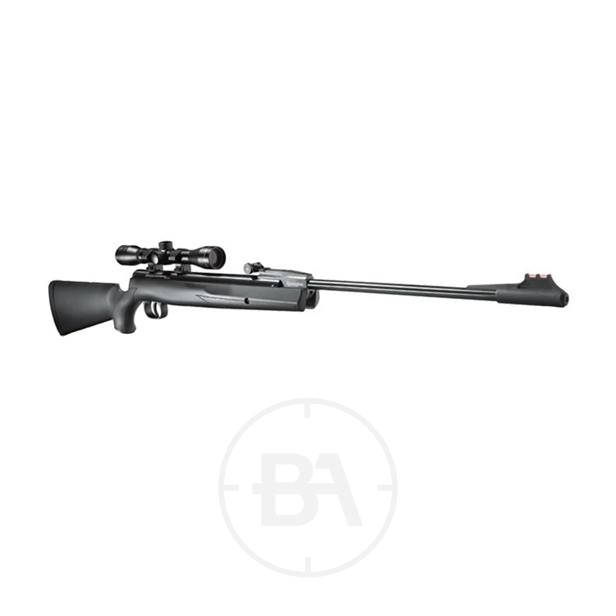 Remington Express Spring Air Rifle With Scope 3 A black air rifle with a mounted scope, featuring a synthetic stock and a long barrel, displayed on a white background.