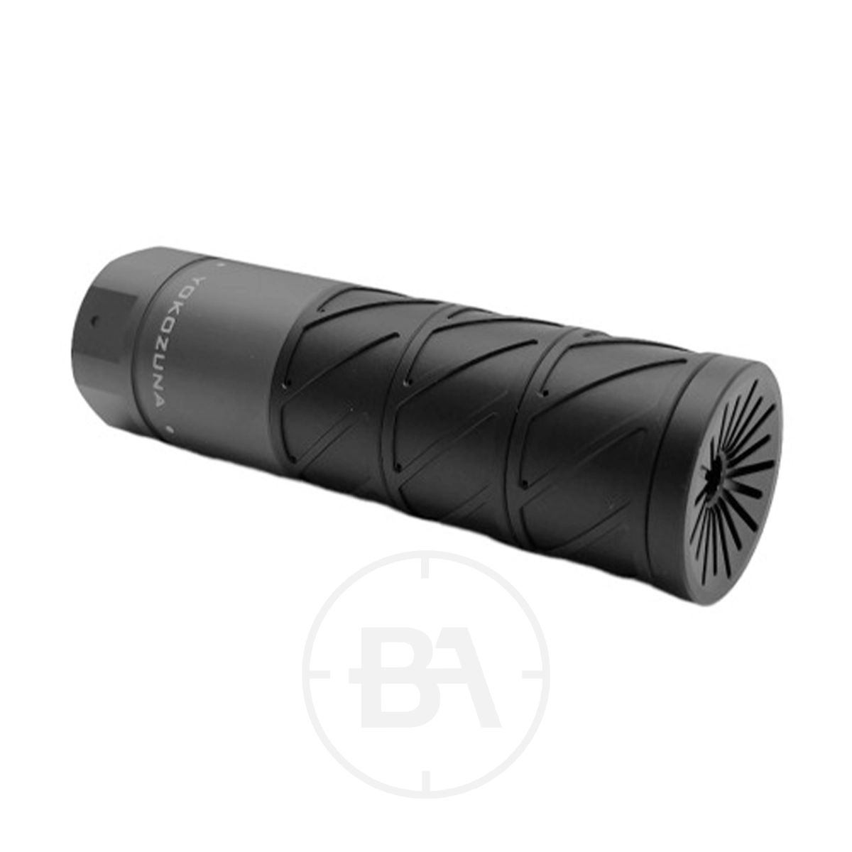 DonnyFL Yokozuna 1.6” Diameter 1/2"x20 UNF Quick Release Silencer 1 A DonnyFL Yokozuna 1/2"x20 UNF Quick Release Moderator, black and cylindrical with angled grooves and a closed end cap, is displayed on a white background.
