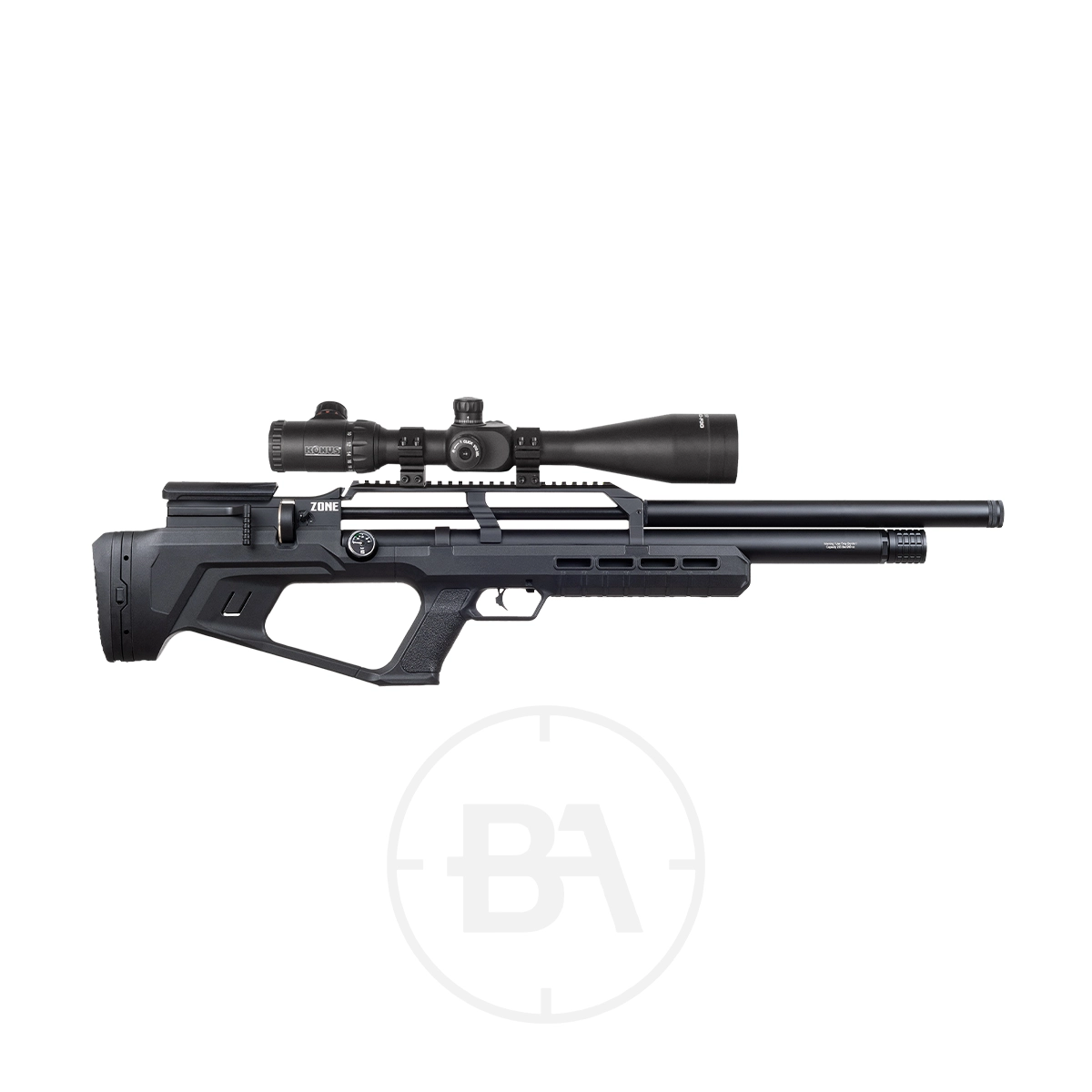 Reximex Zone Regulated PCP Air Rifle 1 Black Reximex Zone PCP Air Rifle in bullpup style with scope attached, shown in profile view on a white background. Ideal for precision shooting in .177 caliber.