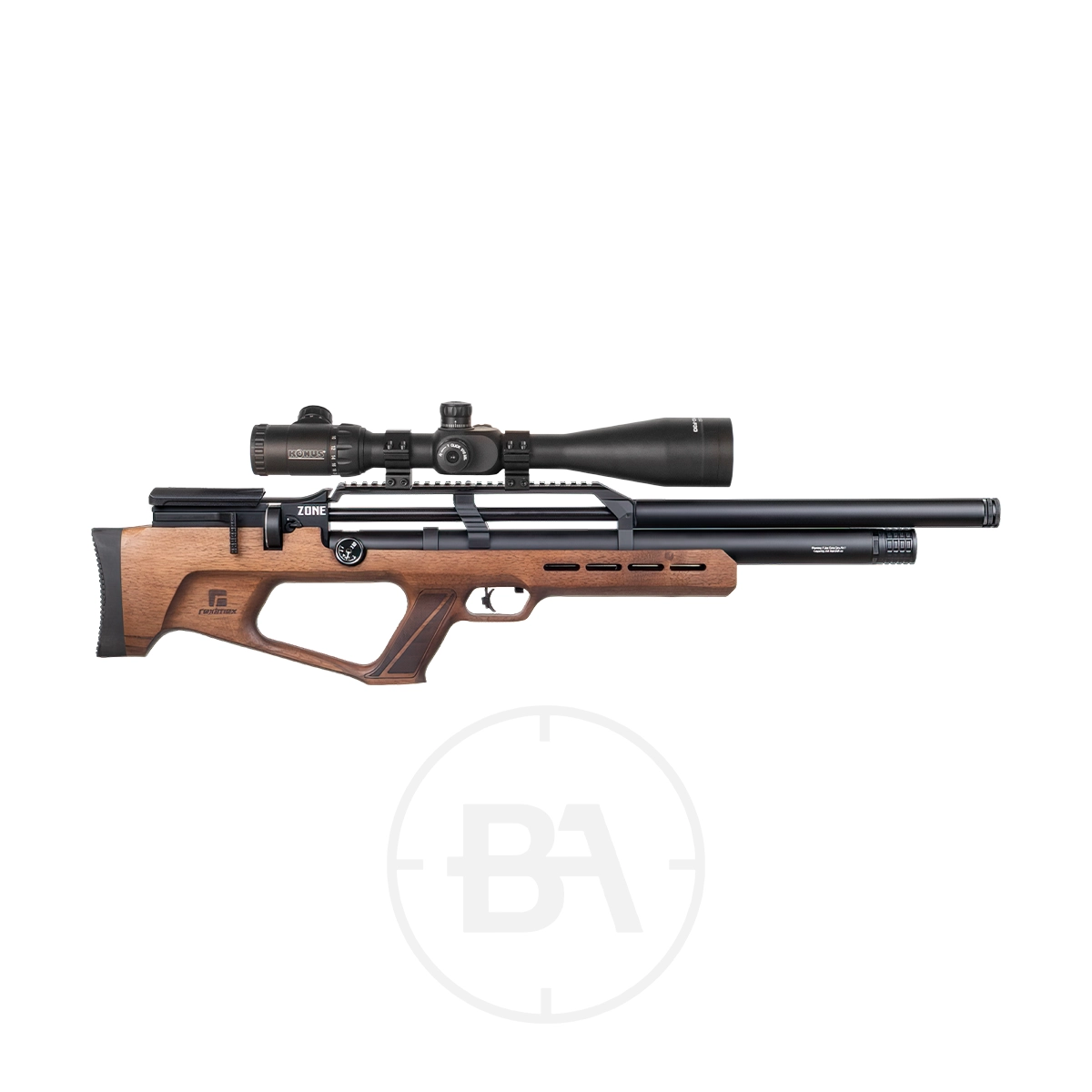 Reximex Zone Regulated PCP Air Rifle 3 Side view of a modern Reximex Zone PCP Air Rifle with a wooden stock, black barrel, and mounted scope in .177 caliber, isolated on a white background.