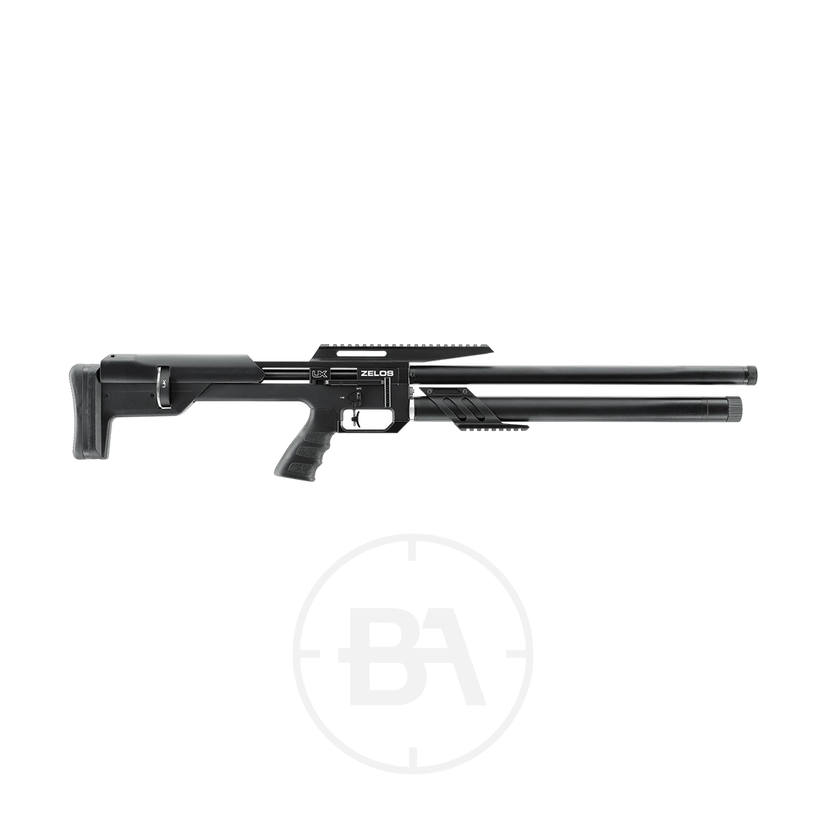 Umarex UX Zelos PCP Air Rifle 1 The Umarex UX Zelos PCP Air Rifle, featuring a black tactical stock, pistol grip, and dual barrels, is displayed in profile against a white background.