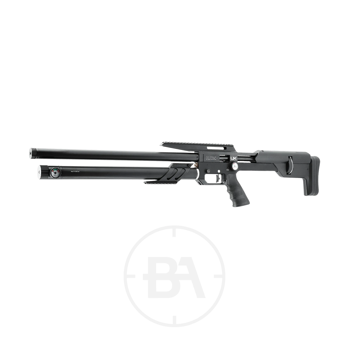 Umarex UX Zelos PCP Air Rifle 5 Side view of the Umarex UX Zelos PCP Air Rifle in black, featuring a long barrel, adjustable stock, and tactical handgrip—displayed against a plain white background.