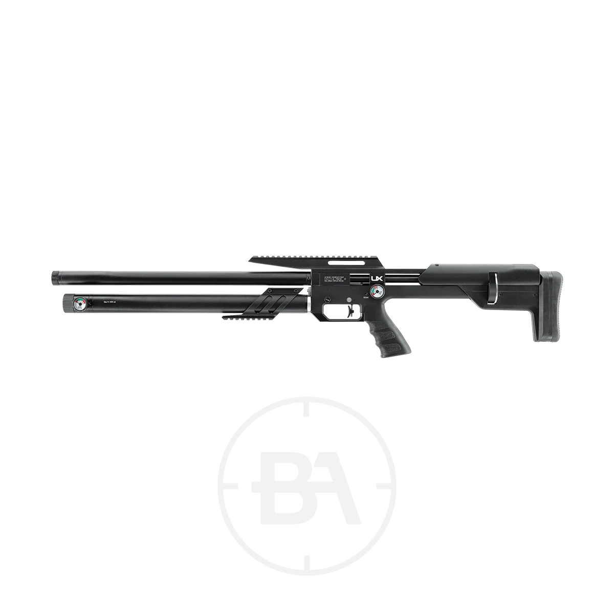 Umarex UX Zelos PCP Air Rifle 3 Side view of the Umarex UX Zelos PCP Air Rifle in black, featuring a long barrel, tactical stock, and dual Picatinny rails, displayed on a white background.