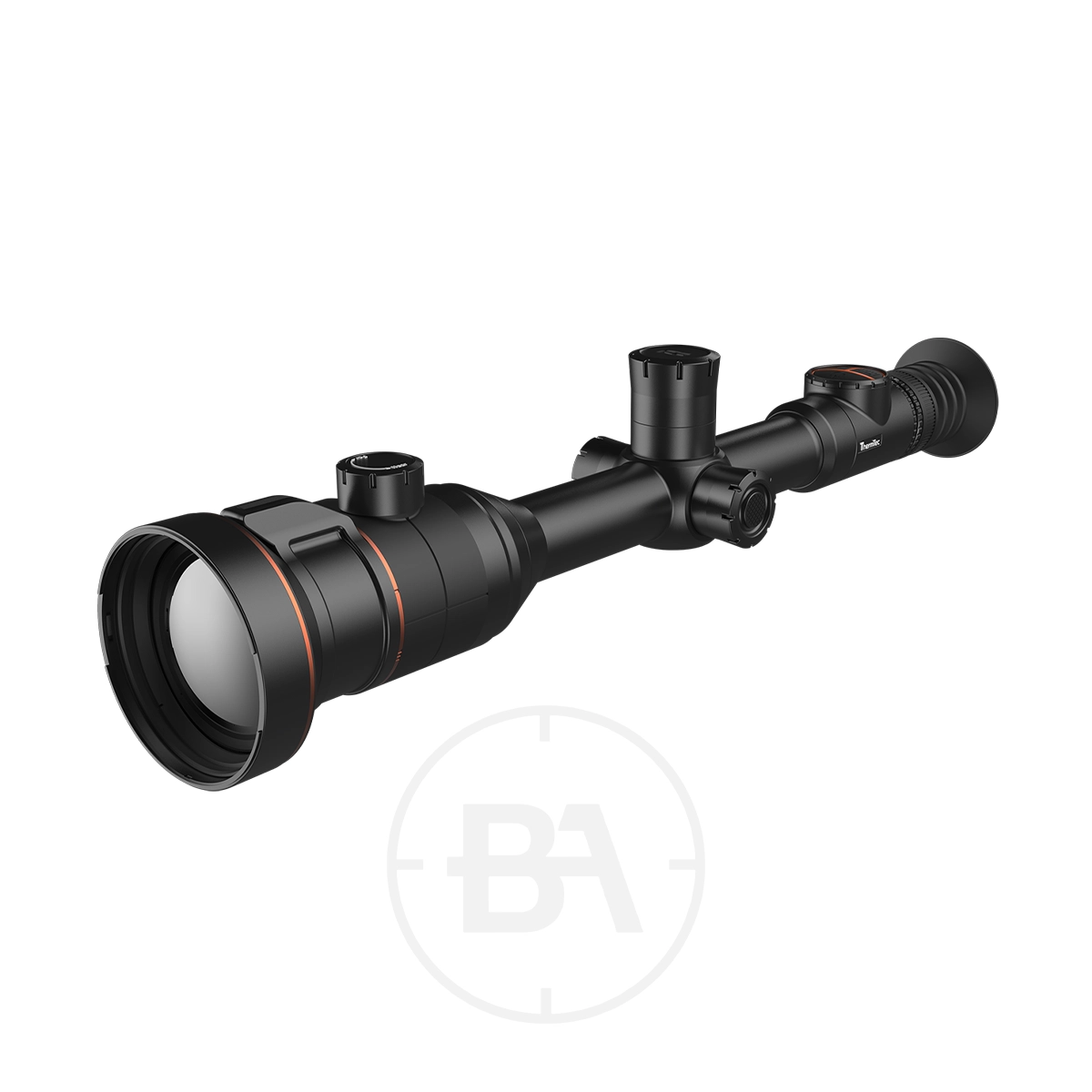 ThermTec Ares 360L 2.0 Thermal lmaging Rifle Scope 3 The ThermTec Ares 360L 2.0 Thermal Imaging Rifle Scope, featuring adjustment knobs and a large objective lens, is shown against a white background.
