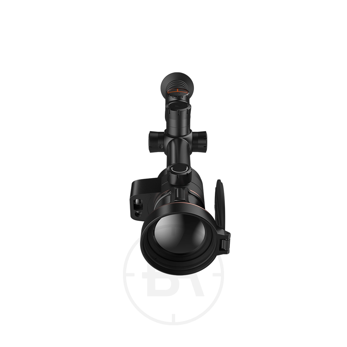 ThermTec Ares 360L 2.0 Thermal lmaging Rifle Scope 5 Front view of the ThermTec Ares 360L 2.0 Thermal Imaging Rifle Scope featuring adjustment knobs and a flip-up lens cover on a white background.