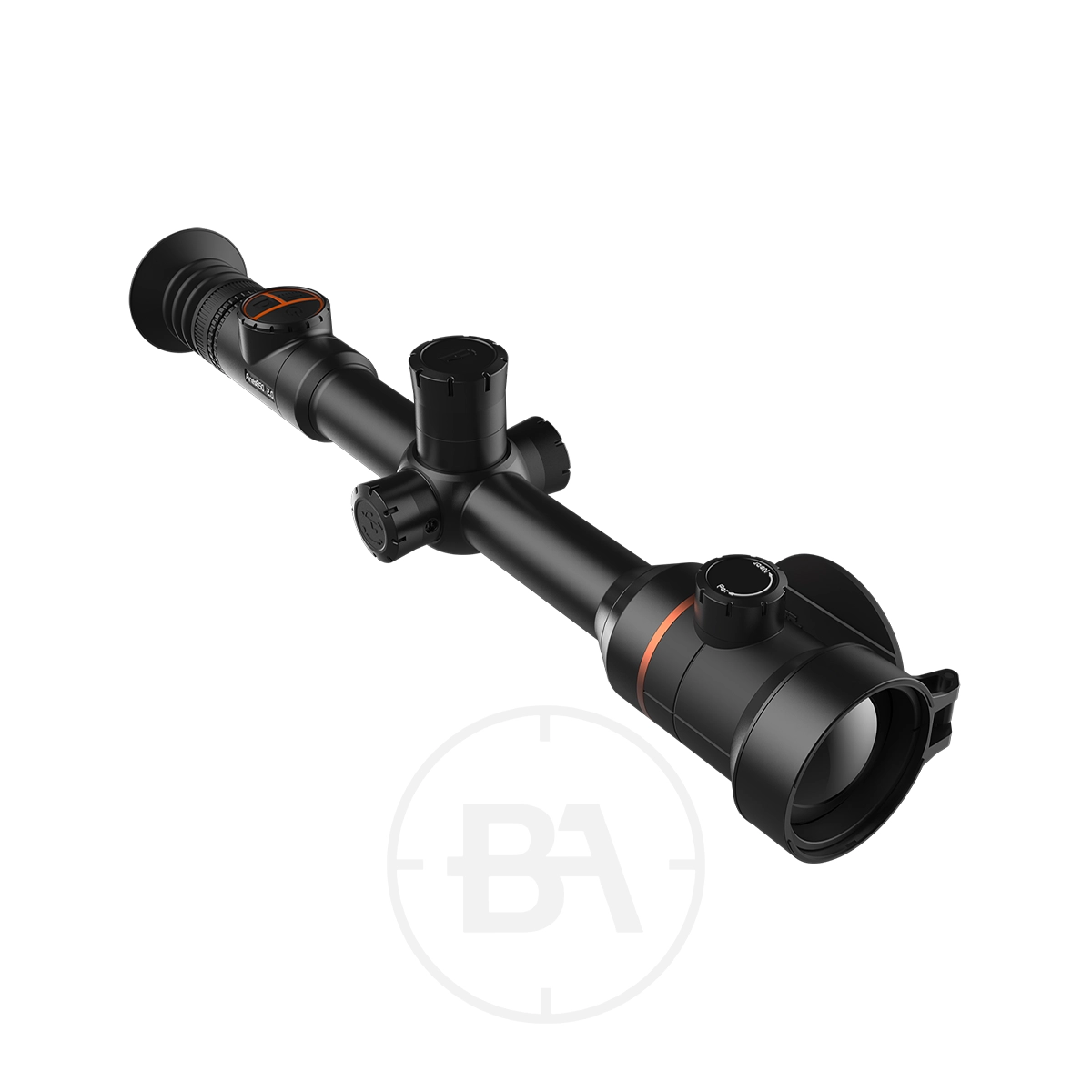 ThermTec Ares 650 2.0 Thermal lmaging Rifle Scope 1 The ThermTec Ares 650 2.0 Thermal Imaging Rifle Scope, with top and side adjustment dials, orange accents, and advanced thermal imaging, is displayed on a white background.