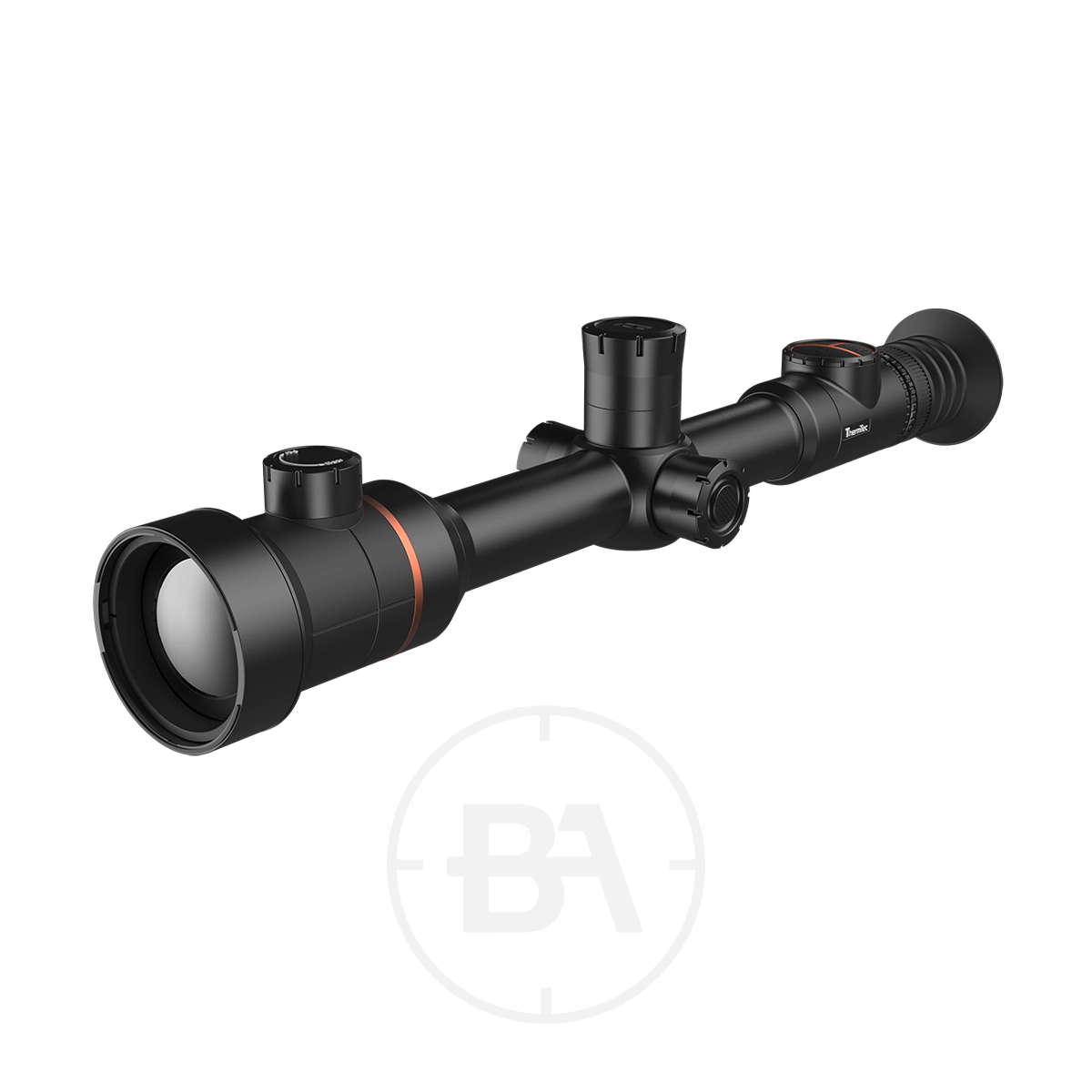 ThermTec Ares 650 2.0 Thermal lmaging Rifle Scope 3 The ThermTec Ares 650 2.0 Thermal Imaging Rifle Scope has a black body with adjustment dials and a large objective lens, shown at a slight angle against a plain white background.
