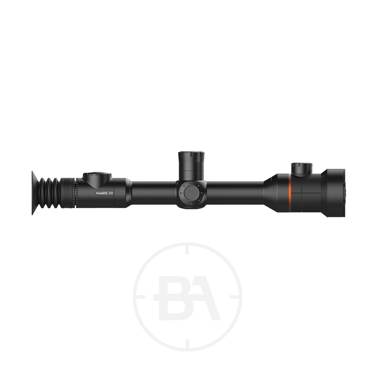 ThermTec Ares 650 2.0 Thermal lmaging Rifle Scope 7 Side view of a ThermTec Ares 650 2.0 Thermal Imaging Rifle Scope in black, featuring adjustment knobs and an eyepiece, shown on a white background with a subtle logo watermark beneath.