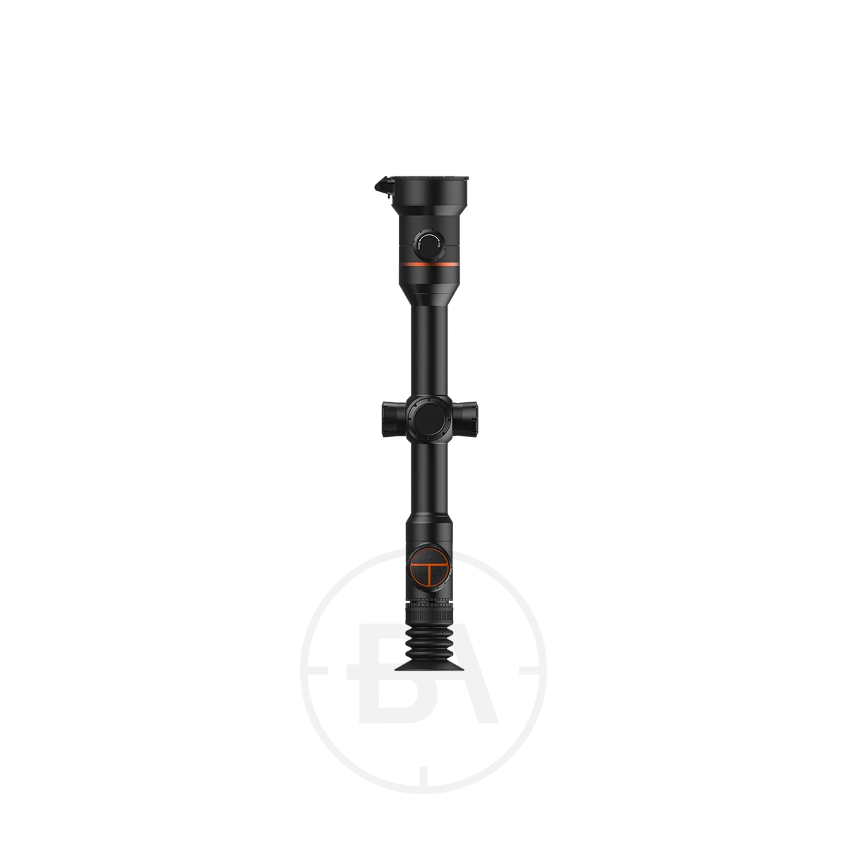 ThermTec Ares 650 2.0 Thermal lmaging Rifle Scope 9 The ThermTec Ares 650 2.0 Thermal Imaging Rifle Scope, in black with adjustment knobs and orange accents, is shown vertically against a white background.