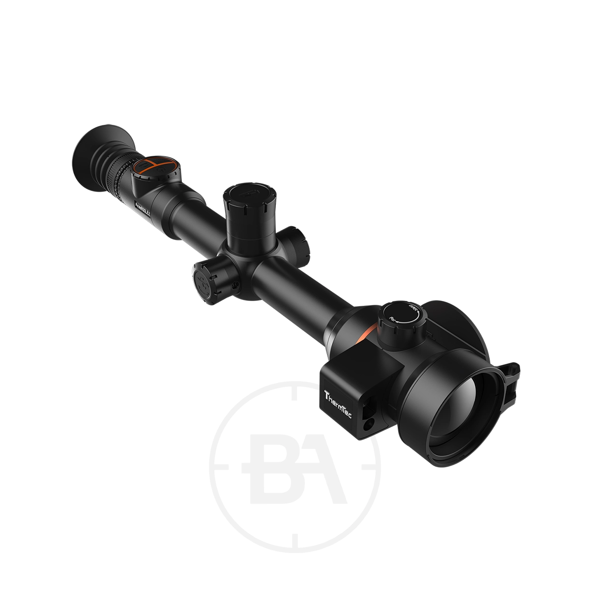 ThermTec Ares 650L 2.0 Thermal lmaging Rifle Scope 1 The ThermTec Ares 650L 2.0 Thermal Imaging Rifle Scope, shown in black with adjustment knobs and lens covers against a white background with a faint circular logo, showcases cutting-edge thermal imaging technology.