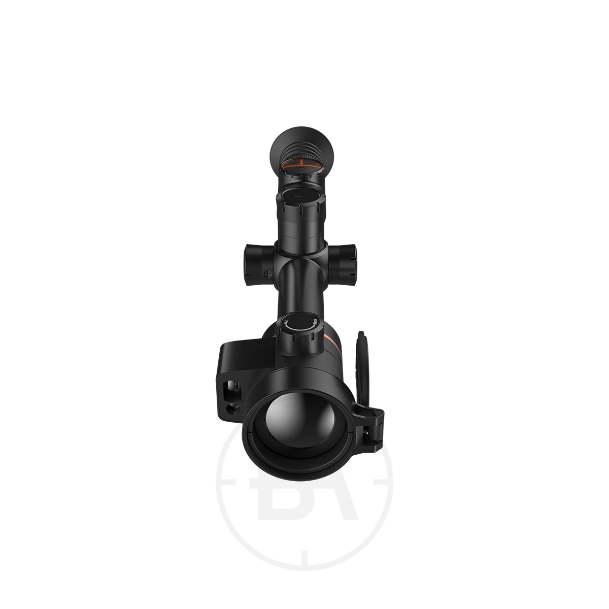 ThermTec Ares 650L 2.0 Thermal lmaging Rifle Scope 5 Front view of a ThermTec Ares 650L 2.0 Thermal Imaging Rifle Scope with adjustment knobs and lens covers, shown vertically against a white background.