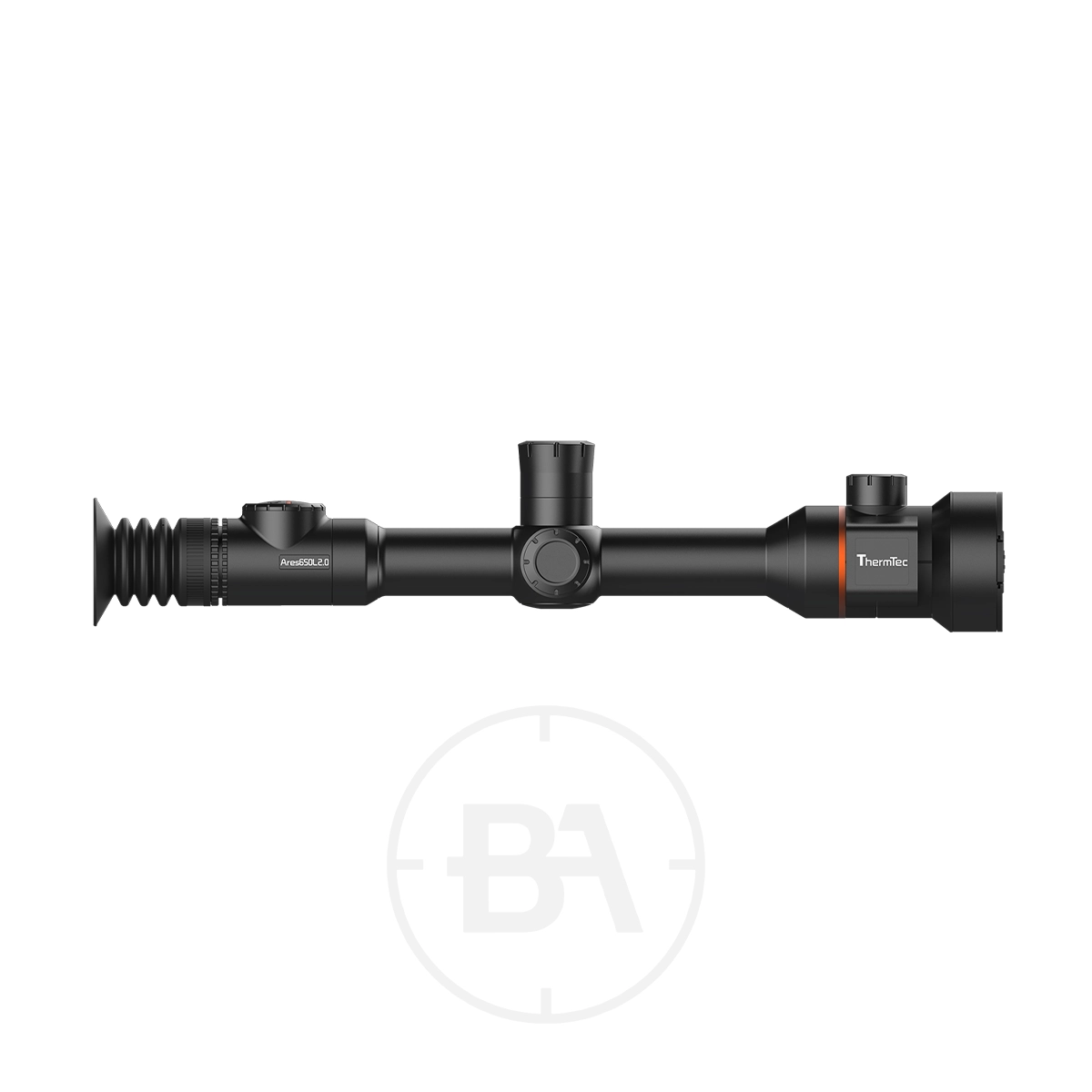ThermTec Ares 650L 2.0 Thermal lmaging Rifle Scope 7 A ThermTec Ares 650L 2.0 Thermal Imaging Rifle Scope with adjustment knobs and eyepiece, shown from the side on a white background.