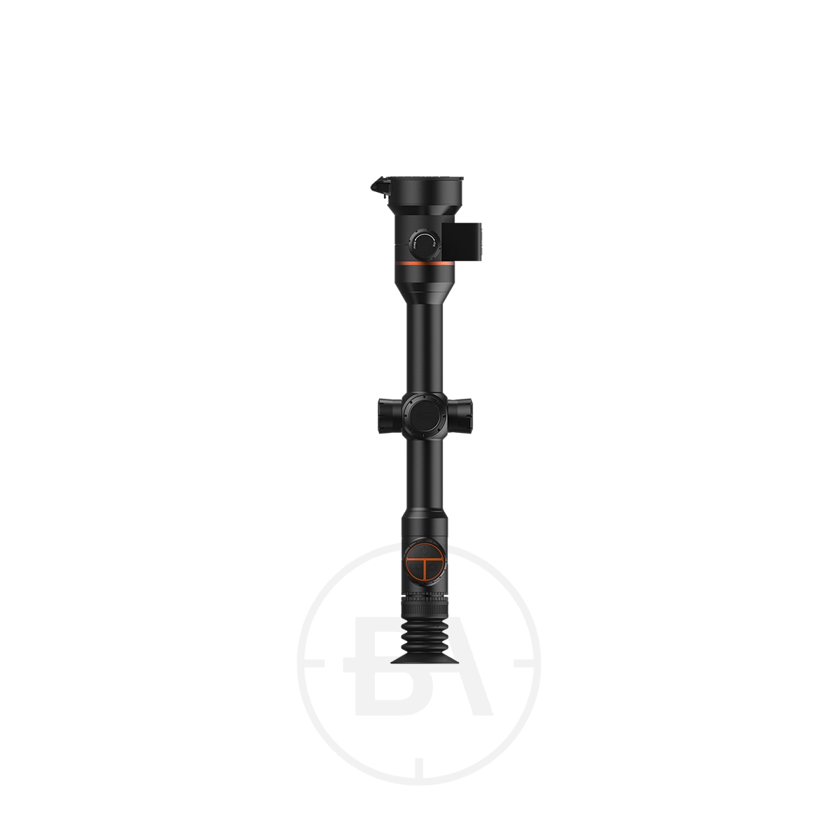ThermTec Ares 650L 2.0 Thermal lmaging Rifle Scope 9 A black, cylindrical ThermTec Ares 650L 2.0 Thermal Imaging Rifle Scope with multiple adjustment knobs and a ridged bottom stands vertically against a white background.