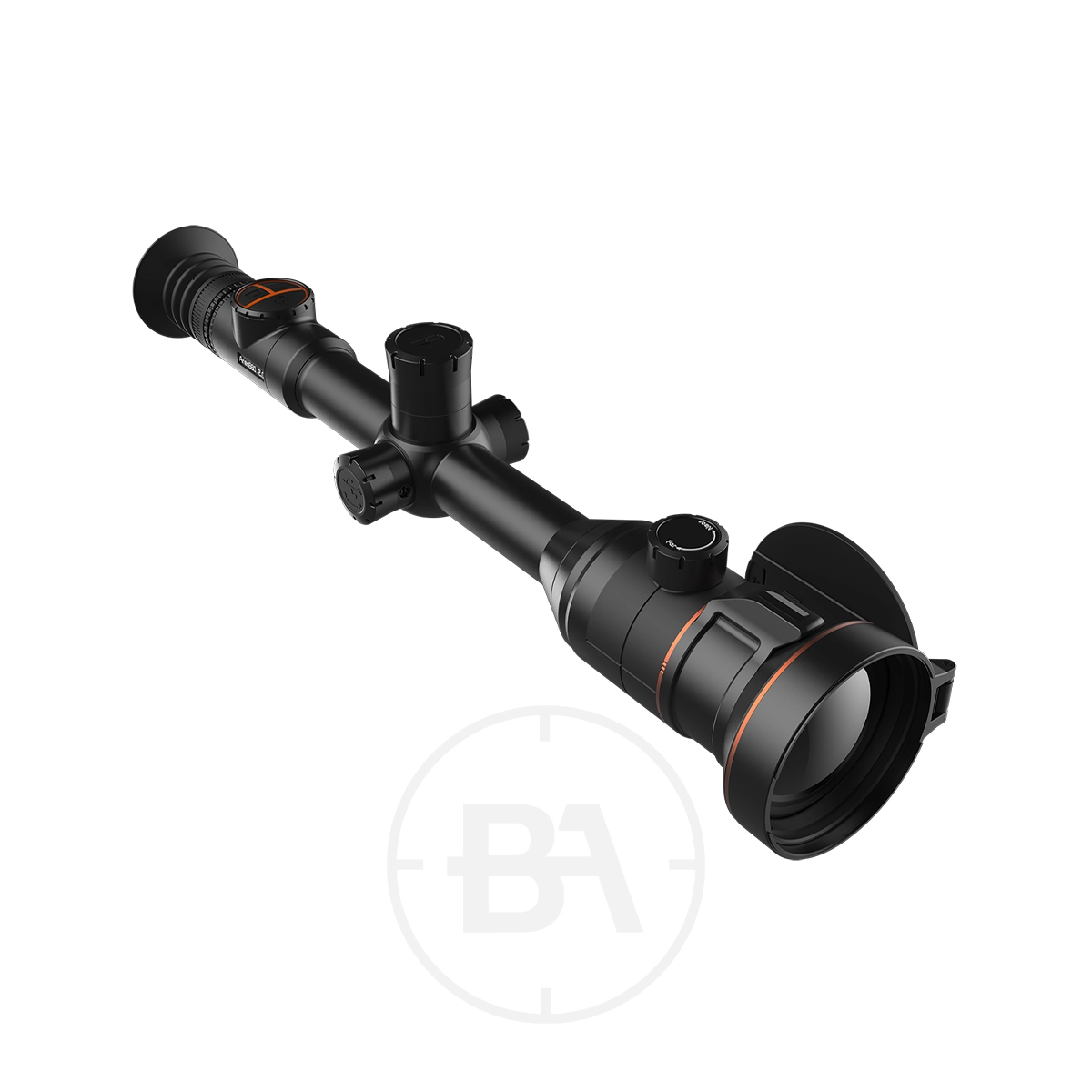 ThermTec Ares 660 2.0 Thermal lmaging Rifle Scope 1 The ThermTec Ares 660 2.0 Thermal Imaging Rifle Scope features a black body with adjustment dials, orange accents, and flip-up lens covers, shown at an angle on a white background.
