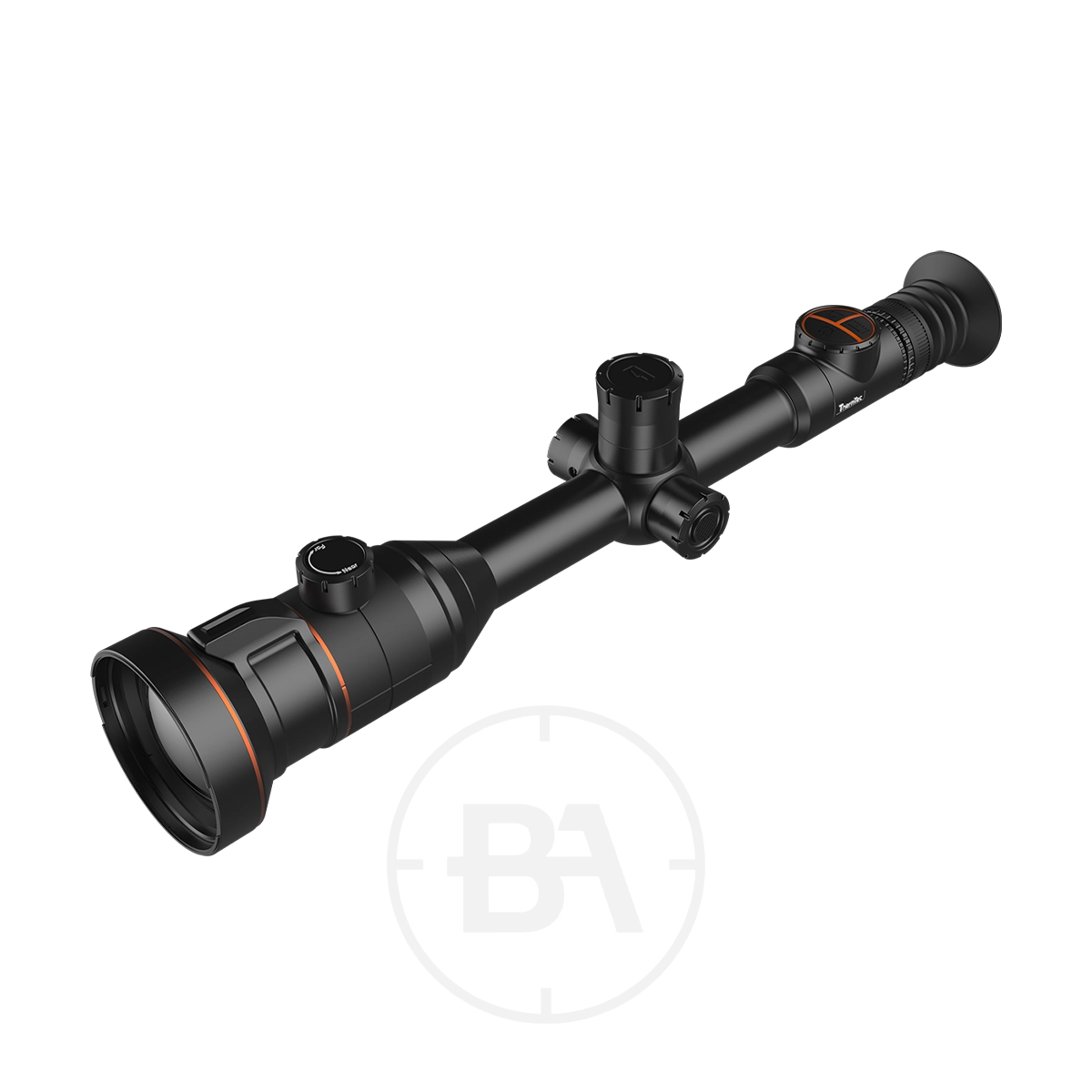 ThermTec Ares 660 2.0 Thermal lmaging Rifle Scope 3 The ThermTec Ares 660 2.0 Thermal Imaging Rifle Scope features adjustment knobs and orange accents, shown at an angle on a white background.