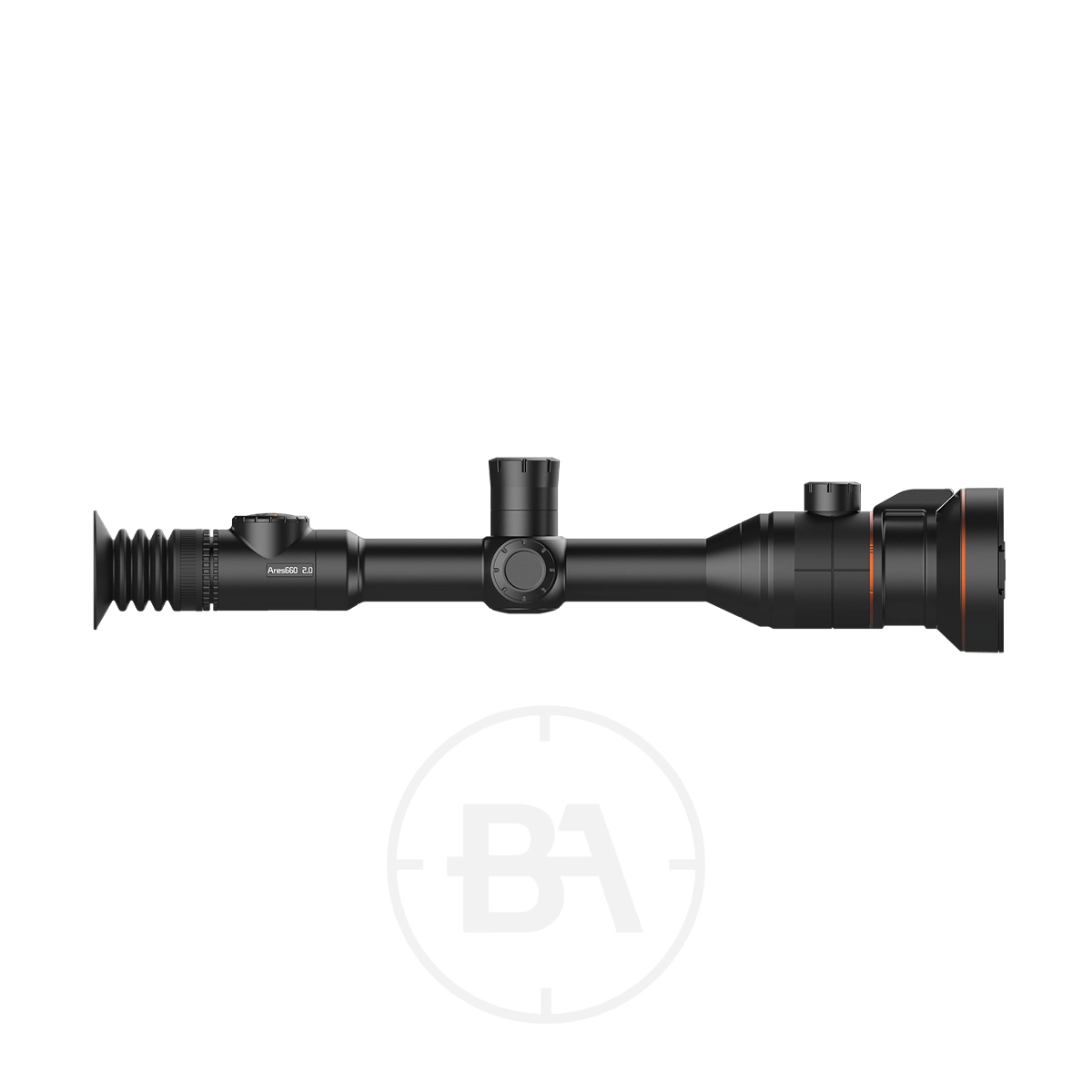 ThermTec Ares 660 2.0 Thermal lmaging Rifle Scope 5 Side view of the ThermTec Ares 660 2.0 Thermal Imaging Rifle Scope with adjustment knobs and lens covers, showcasing advanced thermal imaging, displayed on a white background.