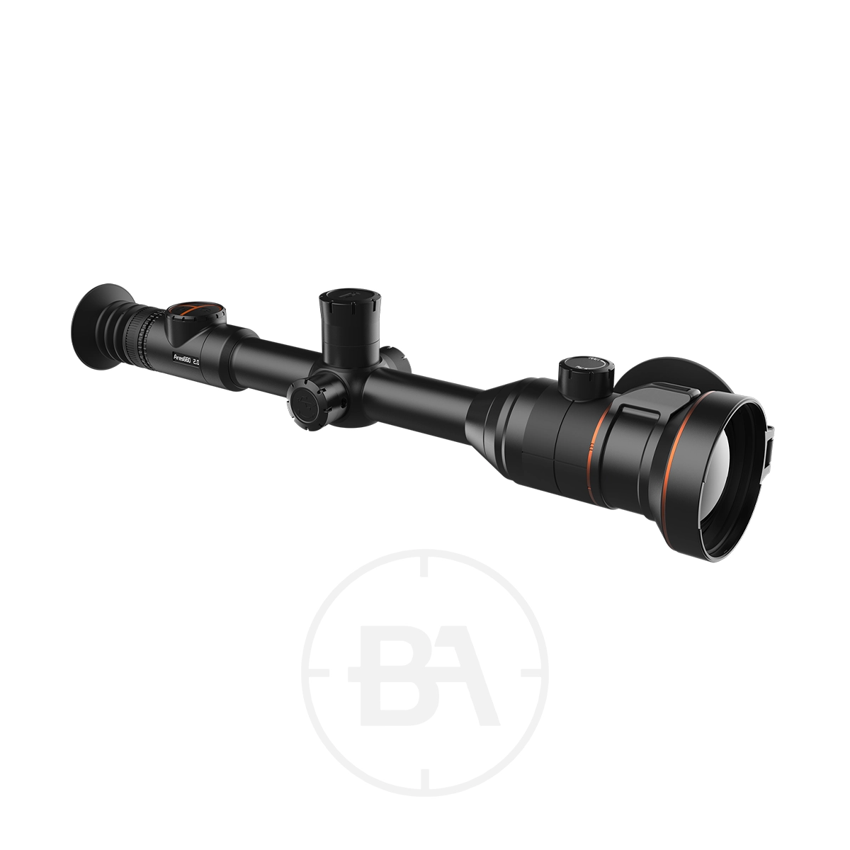 ThermTec Ares 660 2.0 Thermal lmaging Rifle Scope 7 The ThermTec Ares 660 2.0 Thermal Imaging Rifle Scope in black, featuring adjustment knobs and an orange accent ring, is displayed against a plain white background.