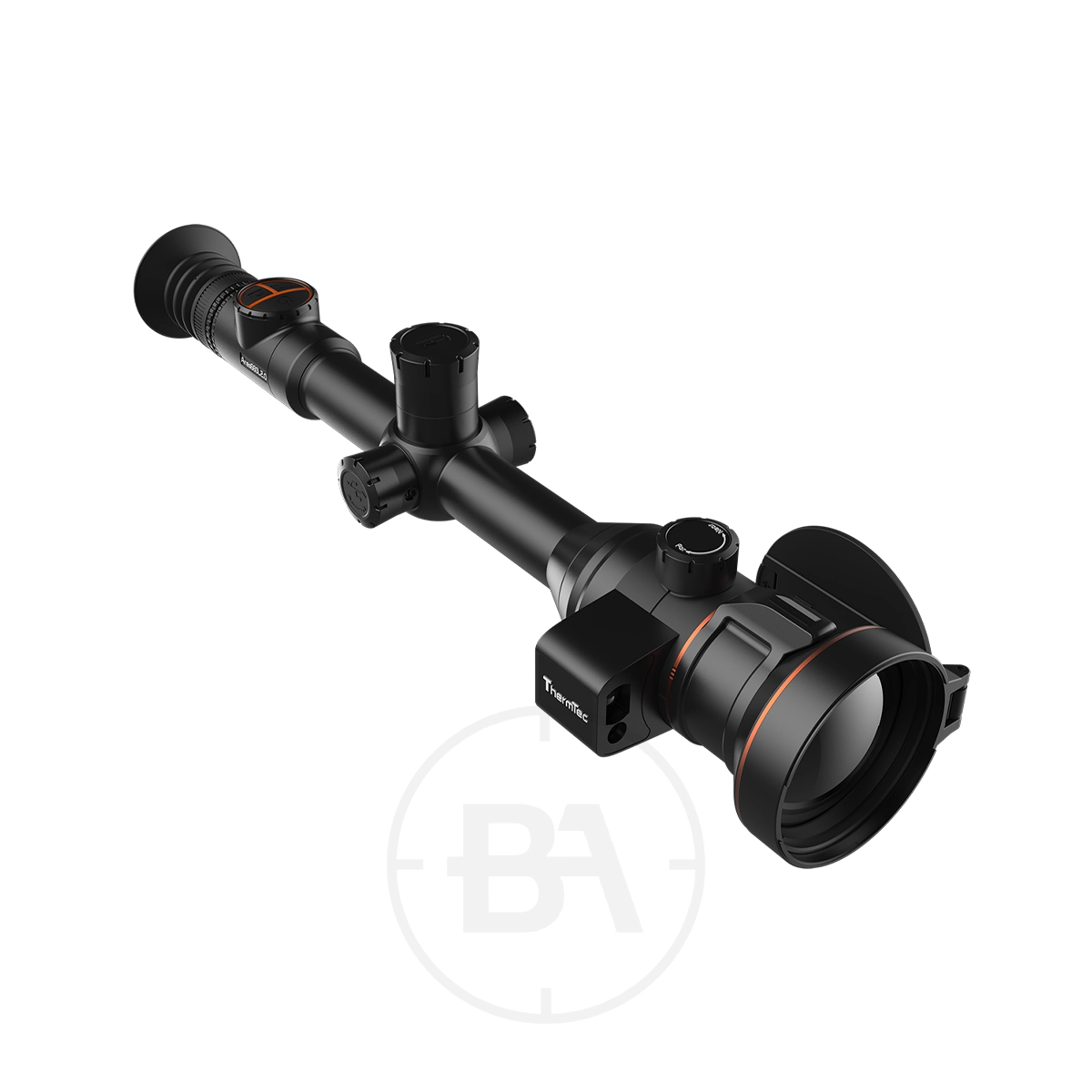 ThermTec Ares 660L 2.0 Thermal lmaging Rifle Scope 1 A ThermTec Ares 660L 2.0 Thermal Imaging Rifle Scope with adjustment knobs, lens covers, orange accents, and mounted accessories is shown on a white background.