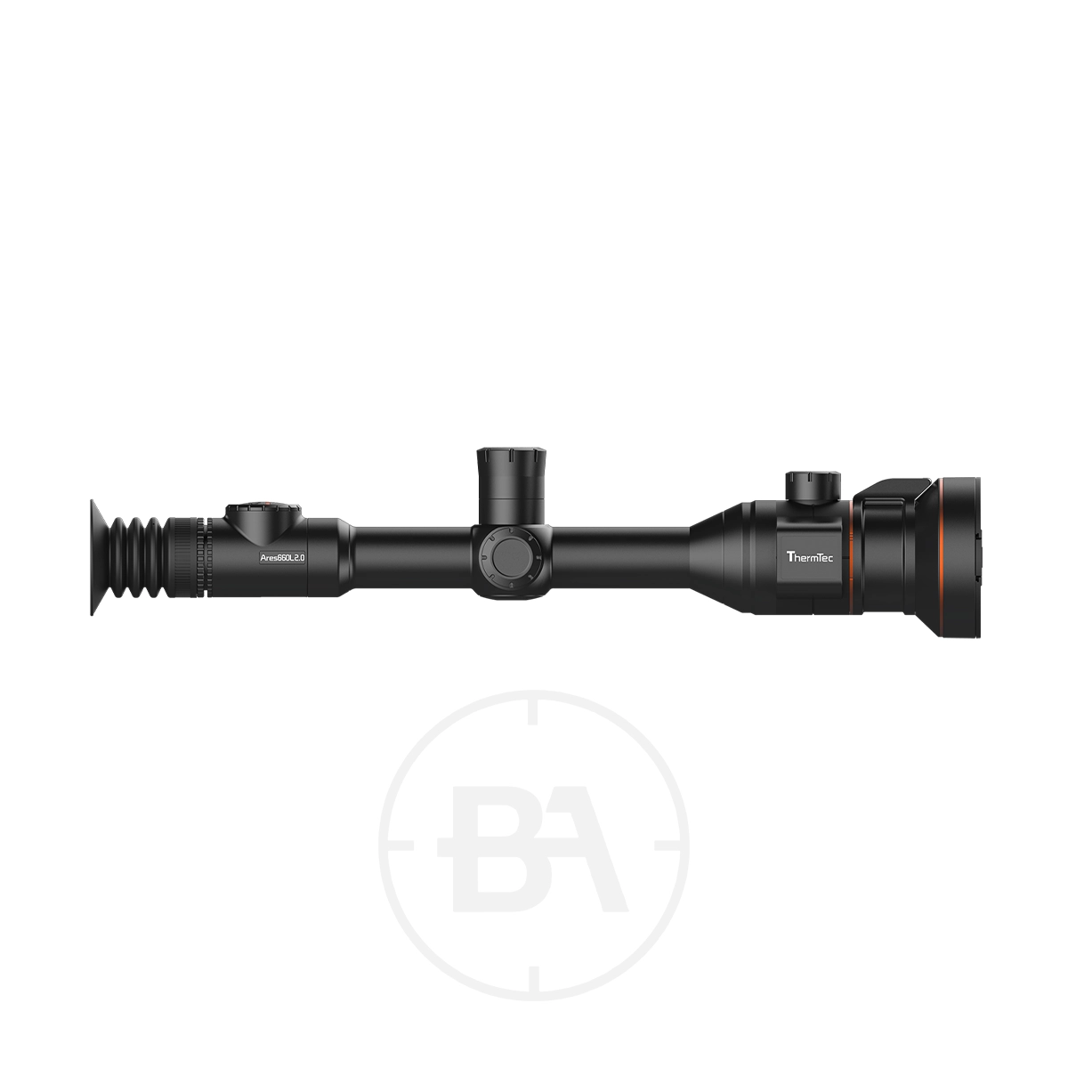 ThermTec Ares 660L 2.0 Thermal lmaging Rifle Scope 5 Side view of a ThermTec Ares 660L 2.0 Thermal Imaging Rifle Scope in black, featuring adjustment knobs, a rubber eyepiece, and a large objective lens, displayed against a white background.