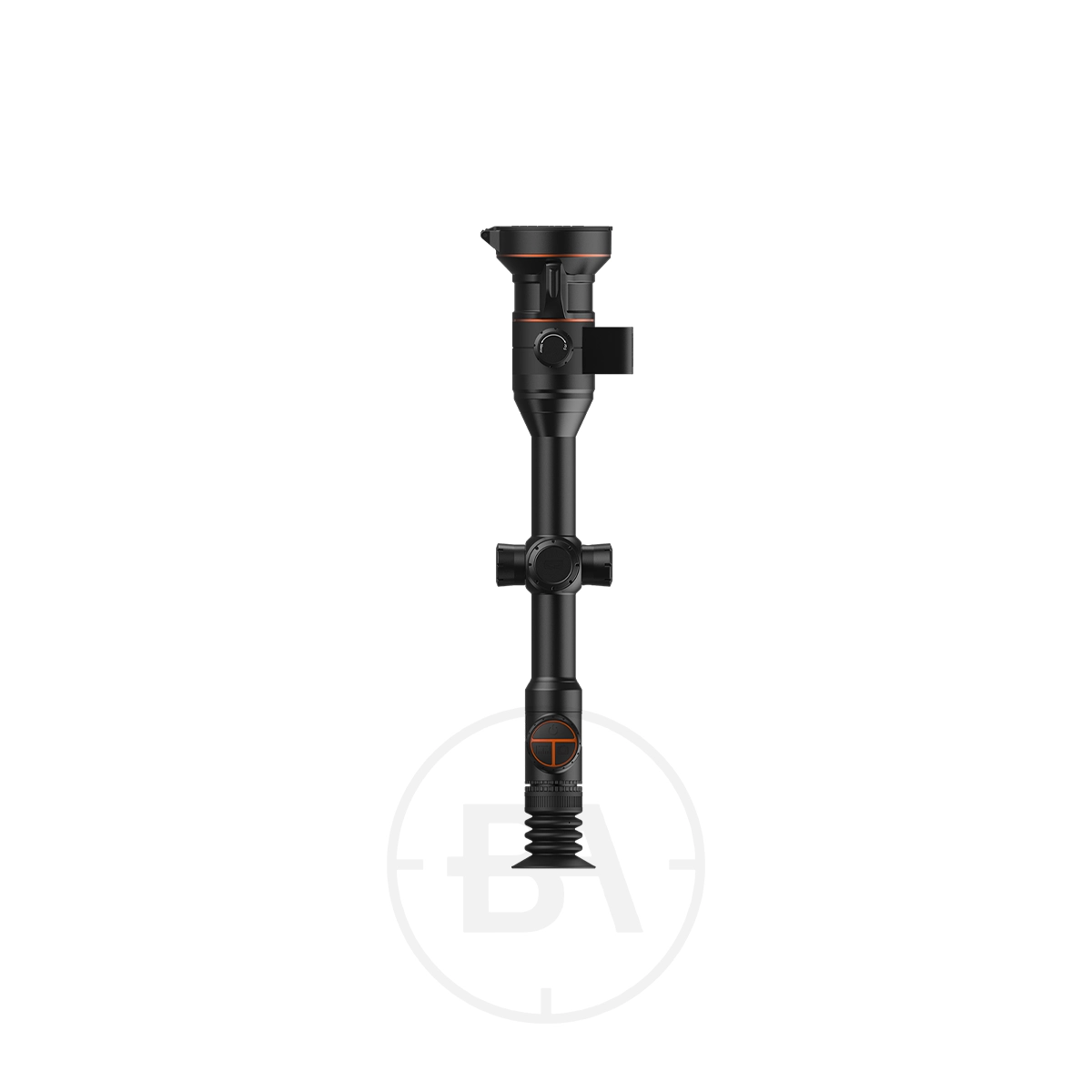 ThermTec Ares 660L 2.0 Thermal lmaging Rifle Scope 7 A ThermTec Ares 660L 2.0 Thermal Imaging Rifle Scope in black, featuring adjustment knobs and lens caps, is displayed vertically against a plain white background.