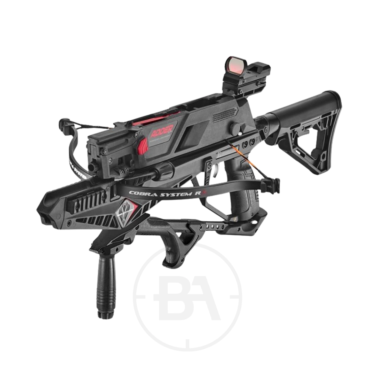 EK Archery Cobra RX Adder Updated 7-Bolt Model 7 A sleek EK Adder Cobra RX Adder Tactical Repeater Crossbow in black, featuring a red dot sight, adjustable stock, foregrip, and "Cobra System R" branding on the side.