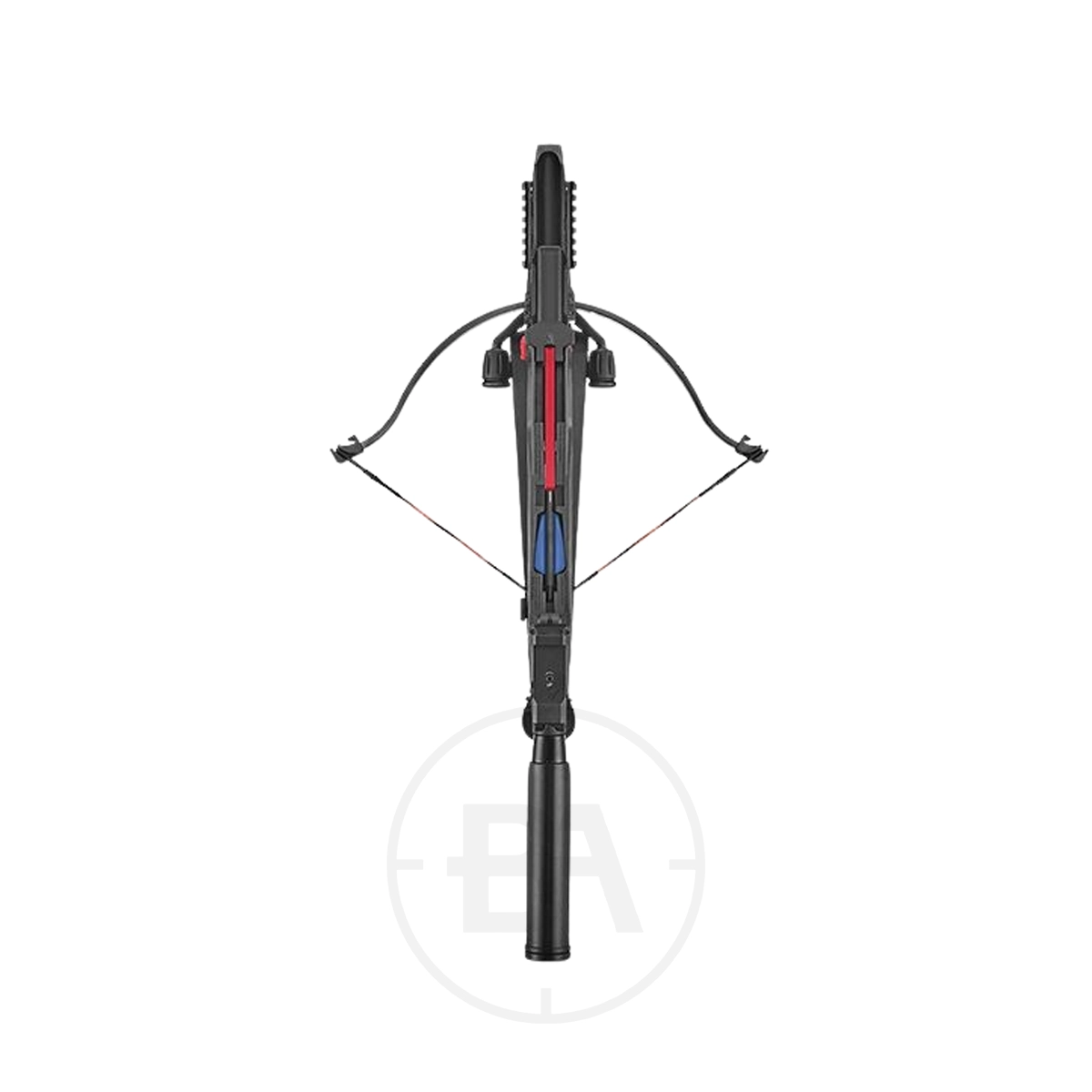 EK Archery Cobra RX Adder Updated 7-Bolt Model 5 Top-down view of an EK Adder Cobra RX Adder Tactical Repeater Crossbow with red and blue components, a scope, and central rail, shown on a white background.