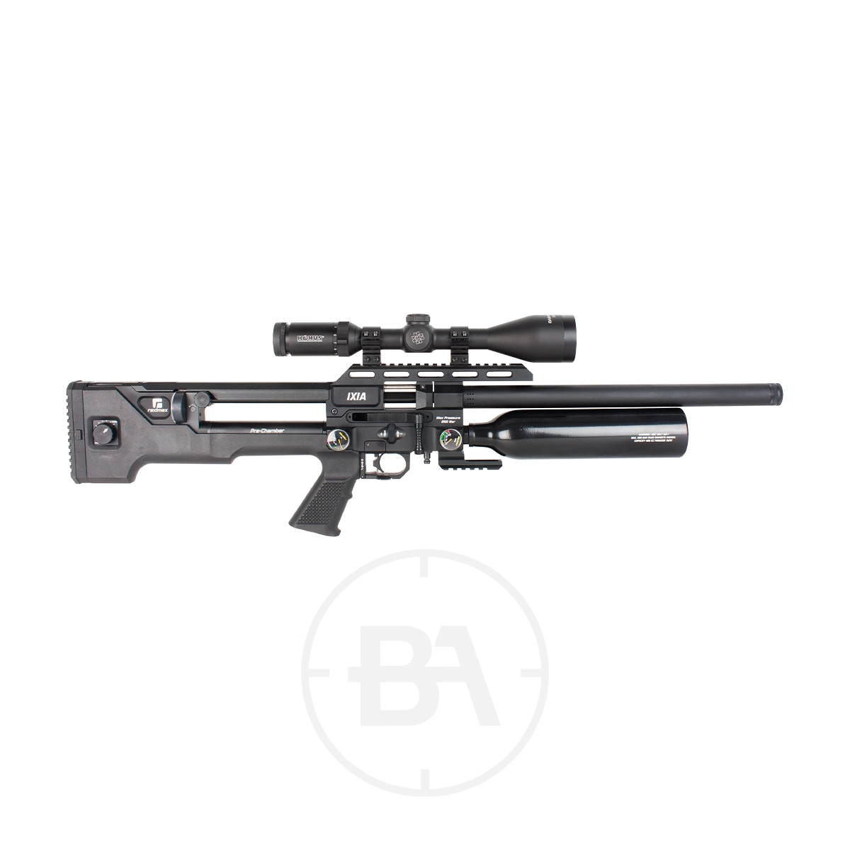Reximex Ixia Regulated PCP Air Rifle With Hard Case 1 Side view of a black Reximex Ixia .177 PCP Air Rifle with an attached scope against a white background.