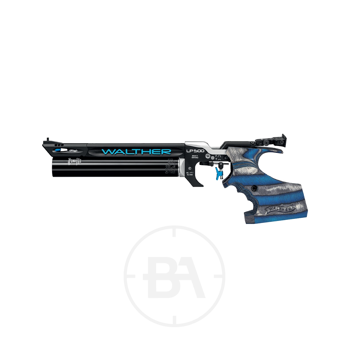 Walther LP500 Expert M Blue Angel Pistol 1 A Walther LP500 Expert M Blue Angel Pistol with a black barrel, blue accents, and a blue and grey ergonomic grip is displayed on a white background.