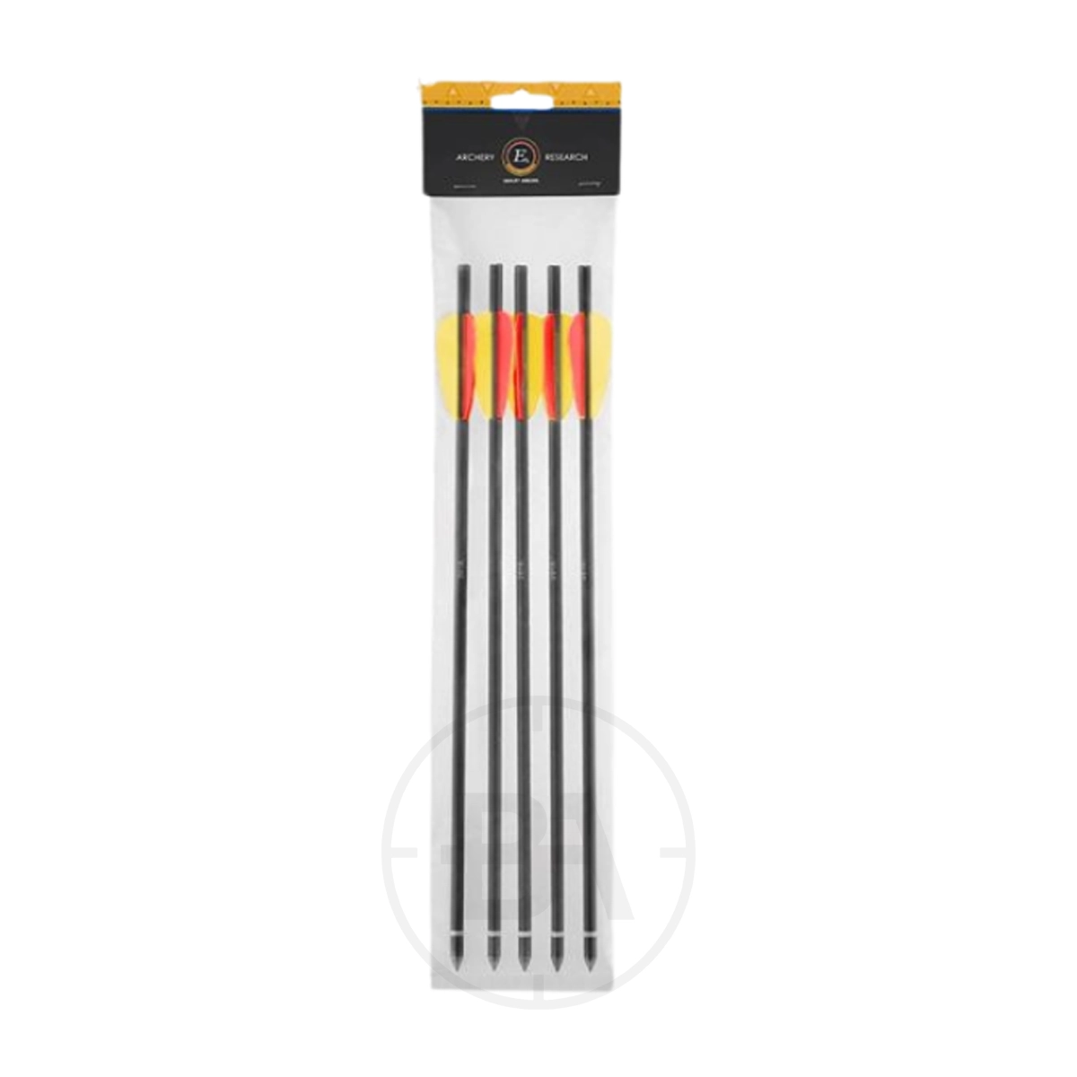 EK Archery 16" Aluminium Crossbow Bolts (x5) 3 A pack of four EK Archery 16" Aluminium Crossbow Bolts with black shafts, yellow and red fletching, supplied in clear plastic packaging.