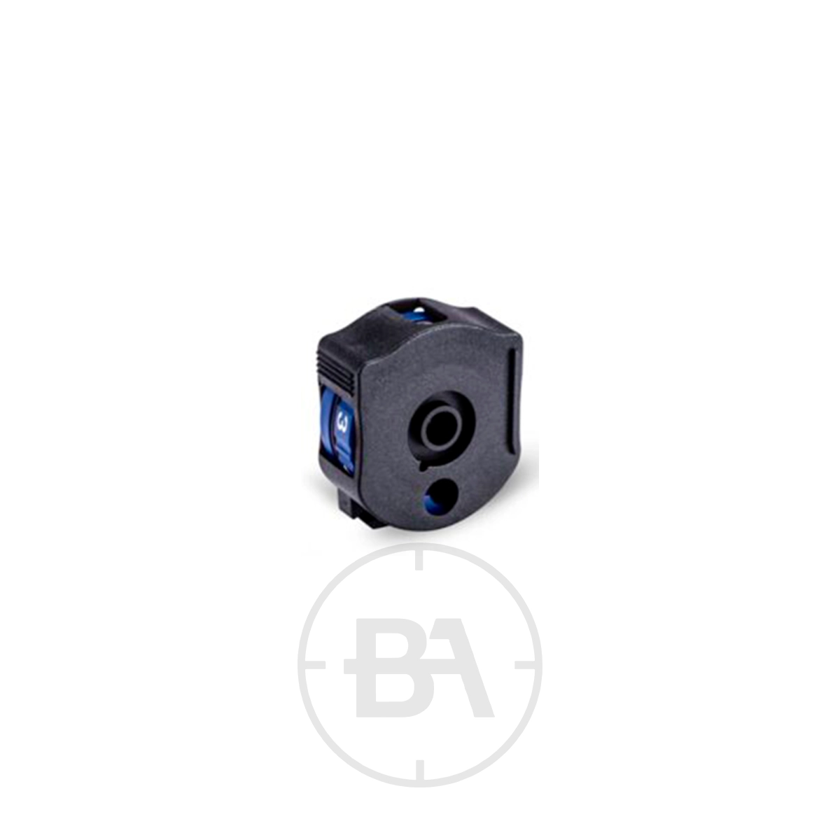 Gamo PCP Magazine - .177 Calibre 1 A black, rectangular Gamo PCP Magazine - .177 Calibre with a circular opening and blue accents is shown against a white background.