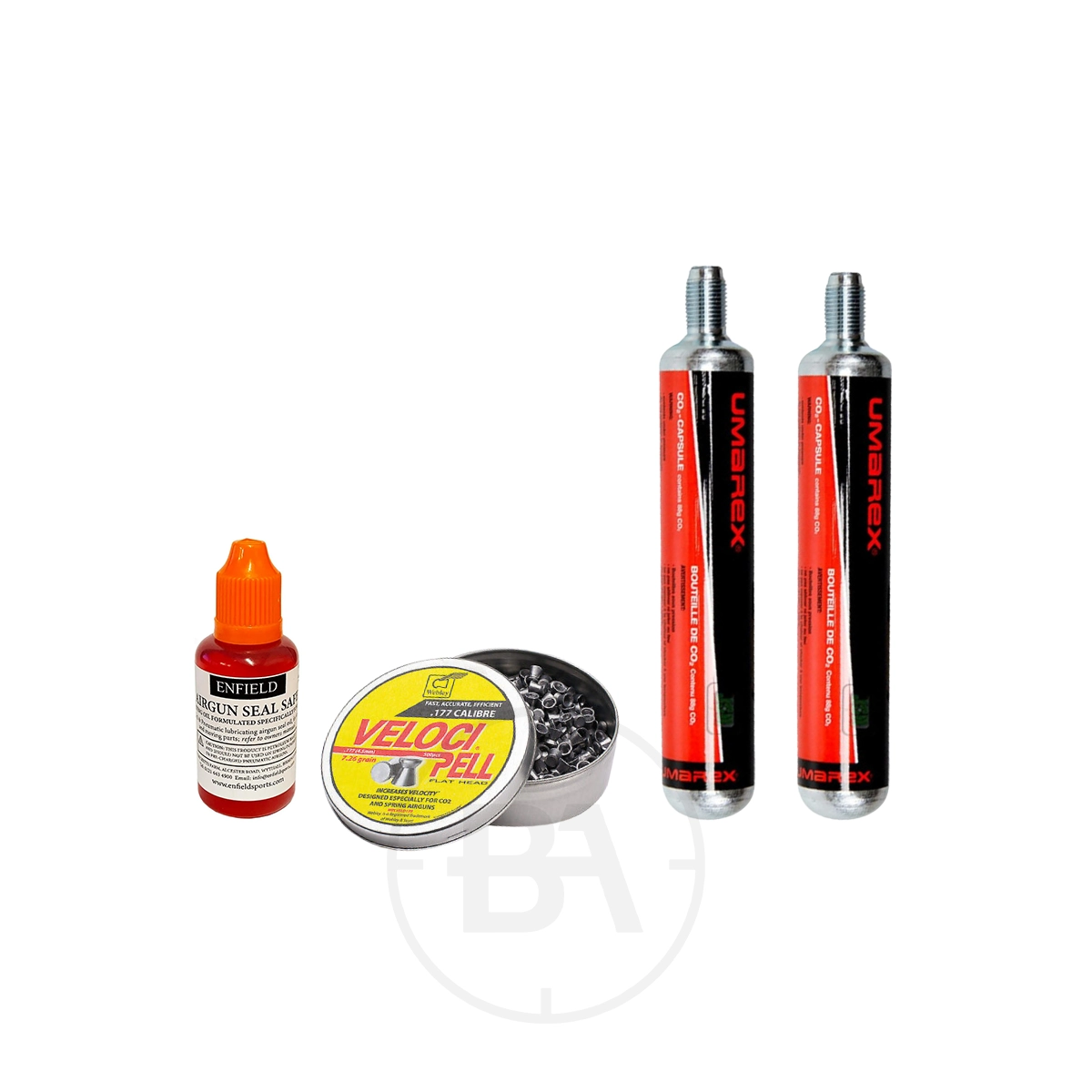 88g CO2 & Pellet Starter Kit: 2x 88g C02 Cylinders / .177 Pellets / Seal Safe Lubricant 1 The 88g CO2 & Pellet Starter Kit includes 2x 88g CO2 cylinders, .177 pellets, and Seal Safe Lubricant, all displayed on a clean white background.