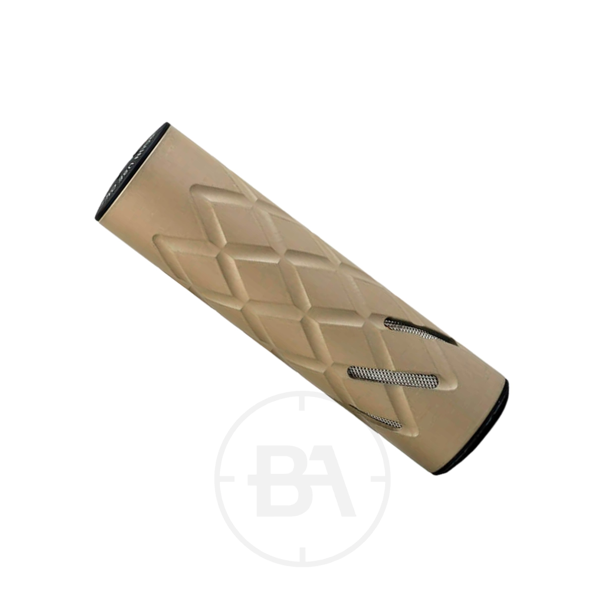 0dB 110mm 1/2" UNF Silencer 5 A tan cylindrical 110mm silencer with a diamond pattern and two slotted openings on one side, finished in Cerakote, rests on a white background with a faint circular watermark.