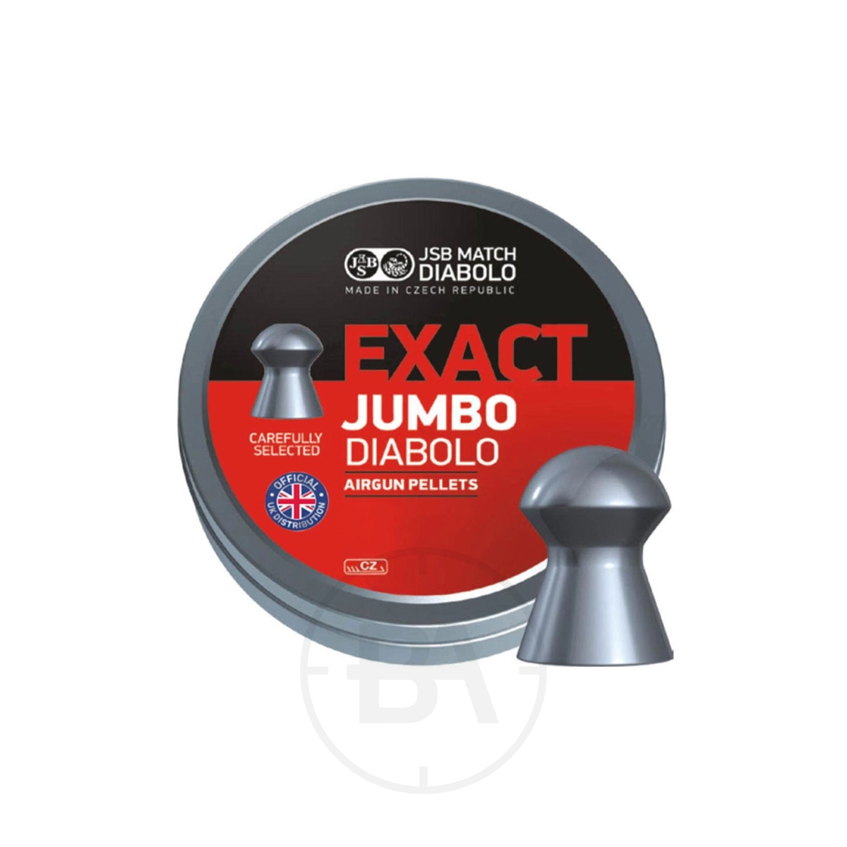JSB Exact Jumbo Diabolo .22 Pellets 15.8gr 5.52mm (x500) 1 A round tin labelled "JSB Exact Jumbo Diabolo .22 Pellets 15.8gr 5.50mm (x250)" in red, black, and silver sits beside a silver airgun pellet. The tin features additional small text.