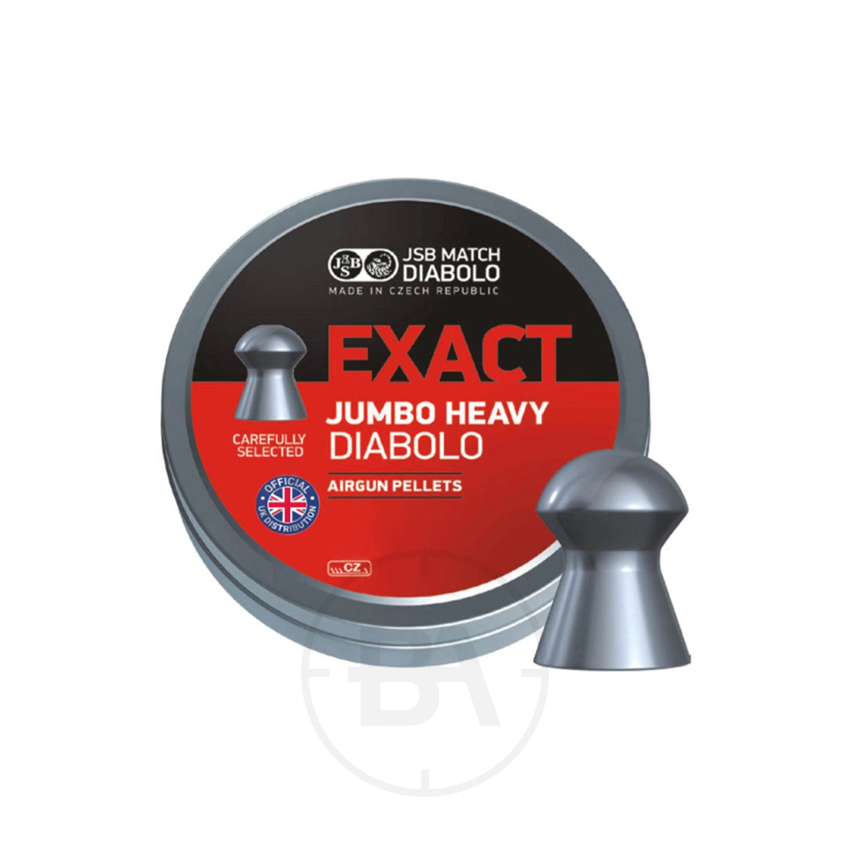 JSB Exact Jumbo Heavy Diabolo .22 Pellet 18.0gr 5.52mm (x250) 1 A round tin labelled "JSB Exact Jumbo Heavy Diabolo .22 Pellet 18.0gr 5.52mm (x250)" with a UK flag and a grey pellet beside it. The tin features a bold red, black, and silver design.